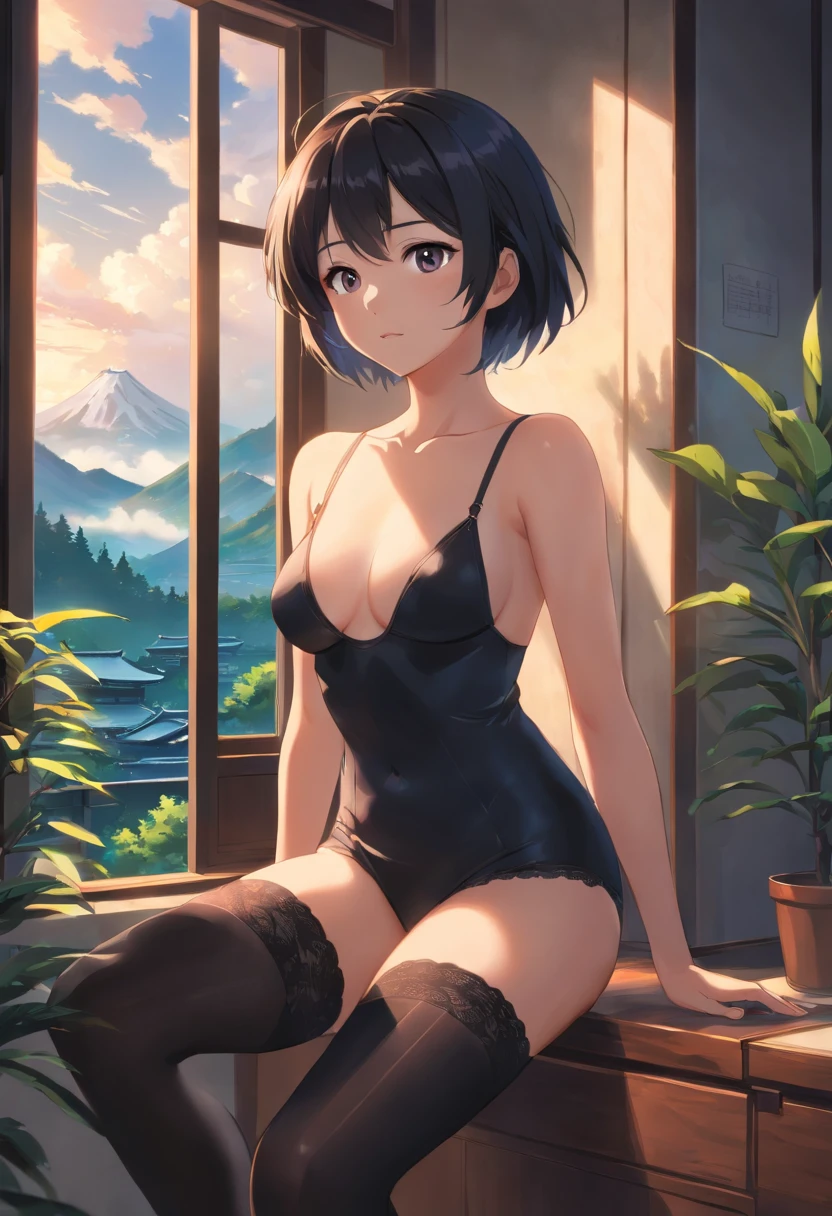 (a)girl with a black-headed appearance, wearing sexy(black) underwear, black high heels, and black stockings, sitting on a traditional Japanese classic room [black-headed:1.1, blue dashes]. The view outside the window is of a misty mountain, surrounded by misty sakura trees [view from a misty mountain, view from a (misty) sakura trees]. The image should have the best quality, be ultra-detailed, and realistic [best quality, 4k, 8k, highres, masterpiece:1.2, ultra-detailed, (realistic, photorealistic, photo-realistic:1.37)]. The artwork should have a portrait-style artistry with vivid colors and professional lighting [portraits, professional, vivid colors, studio lighting]. The overall color tone should be black and the lighting should create a mysterious atmosphere [black color tone, mysterious lighting]. with medium sized boobs