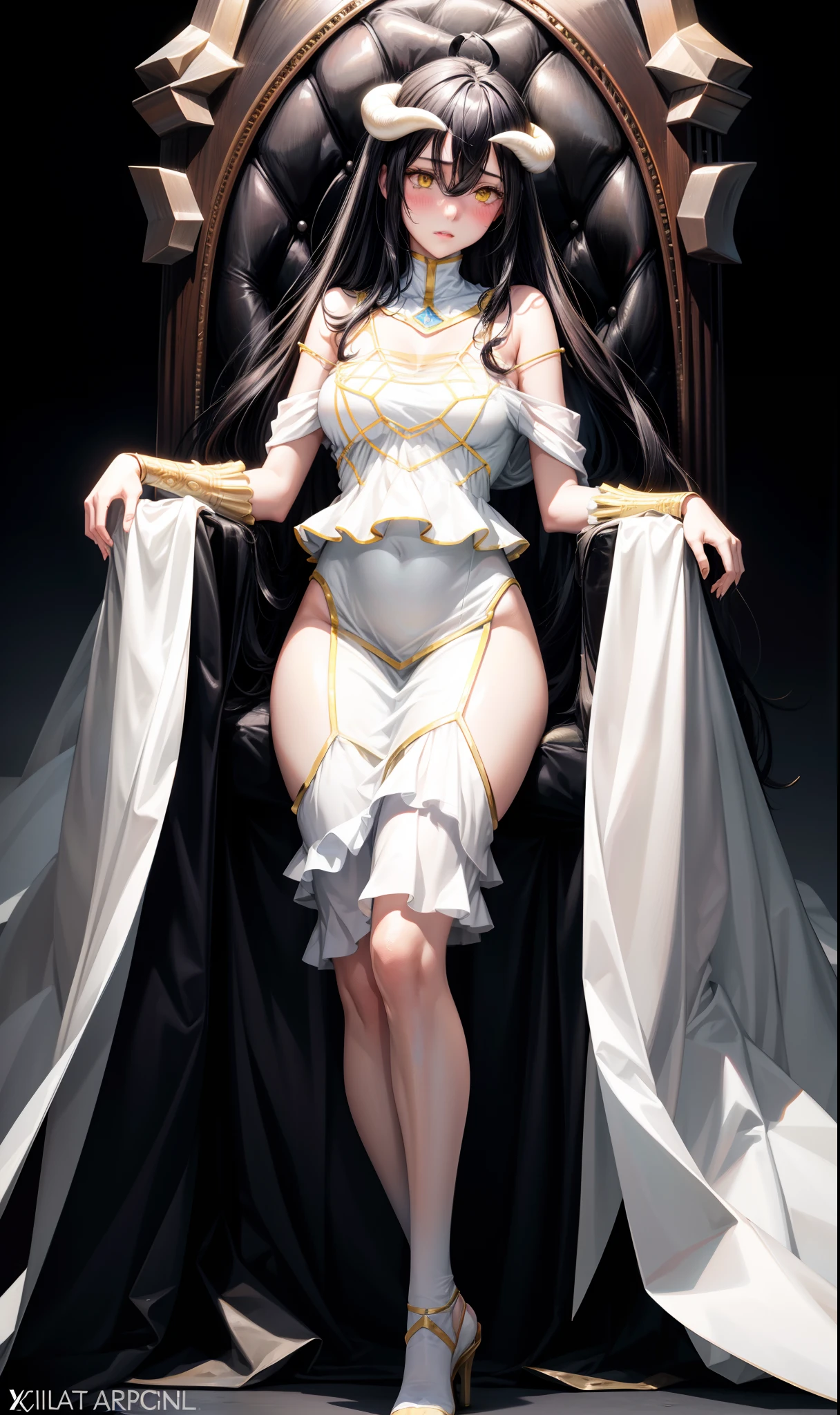 realistic, 1girl, black hair, yellow eyes, long split thigh formal white dress, white heels, horns, blush, background grand throne room