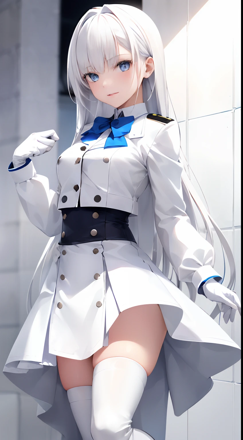 s girl,A young girl wearing white high-heeled thigh boots and white long gloves,White hair,blue colored eyes,White JK uniform,