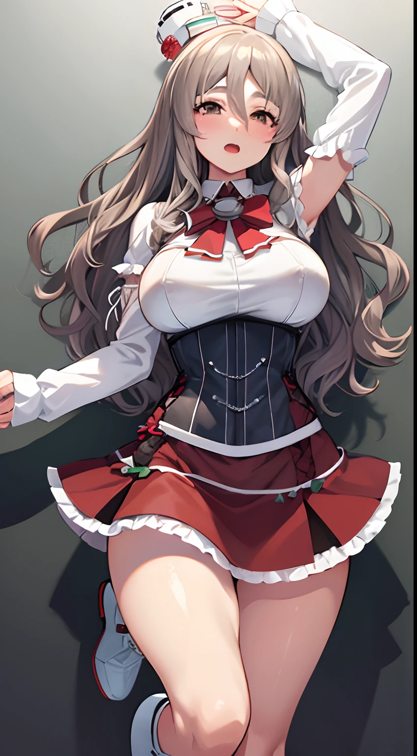 Open mouth, A MILF,Shiny body, Shiny skin, ,Large breasts ,Shiny skin,BTPT-FC,wide hips,Half KC, (Long sleeves) Shirt, (white) Shirt, (white) corsets, frilld, Bodice, (Red) bowtie, (Red) Miniskirt, (white) thighs thighs thighs thighs, (Mini) hat, Inclined hat, long boots