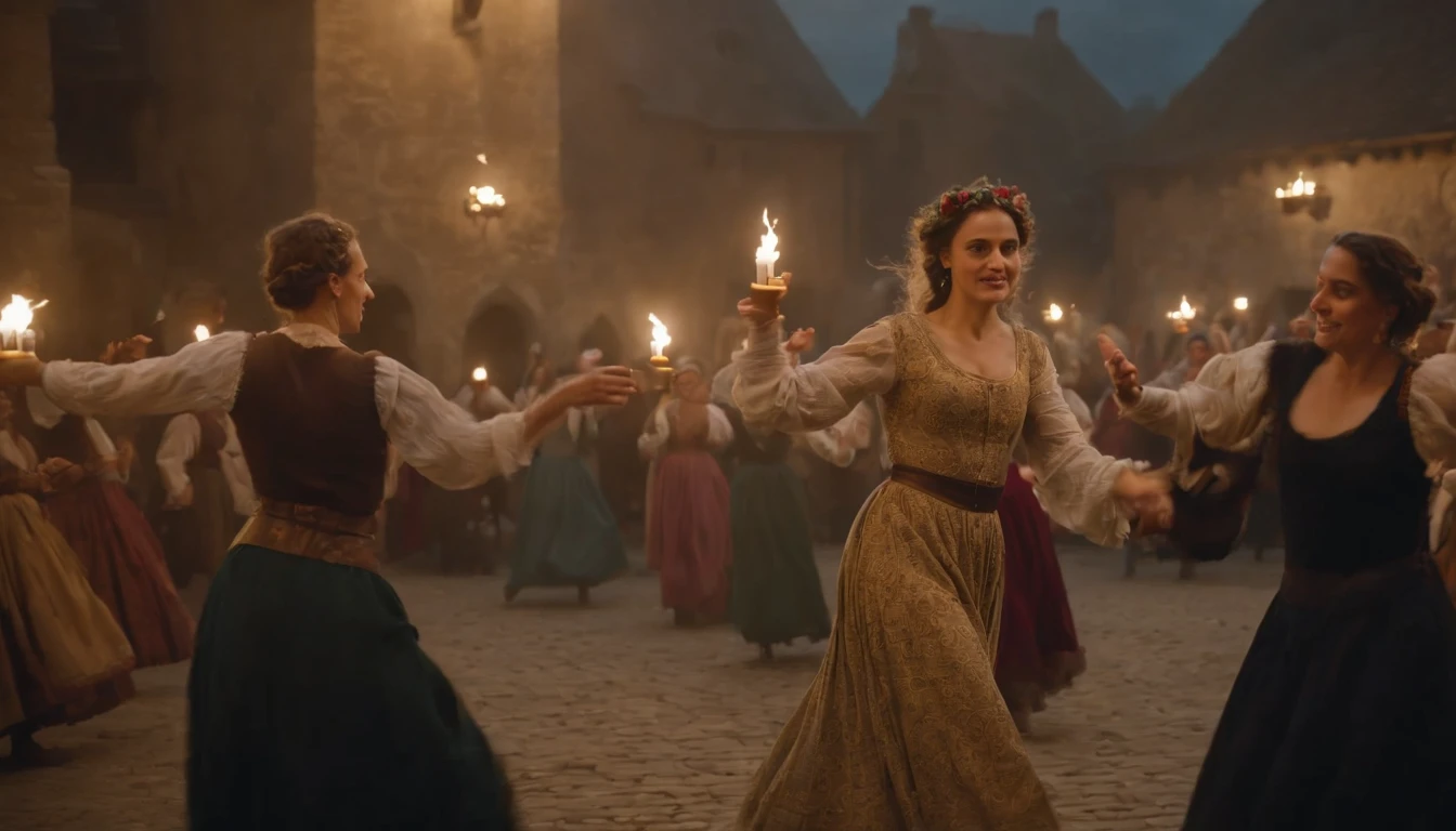 medieval Hungary, night, gypsy woman dances with swirling colourful skirts for a crowd of nobles who feast at tables, candles, night, cinematic