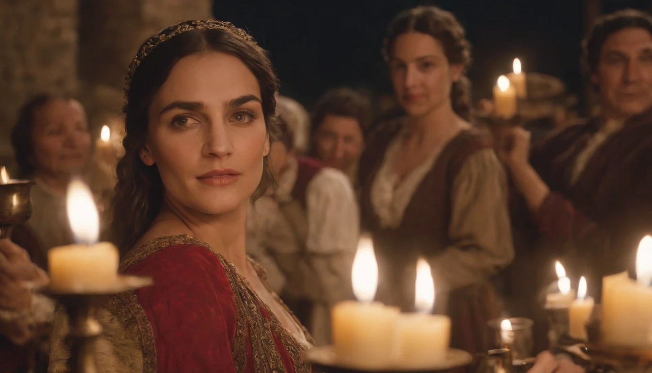 medieval Hungary, night, gypsy woman dances with swirling colourful skirts for a crowd of nobles who feast at tables, candles, night, cinematic