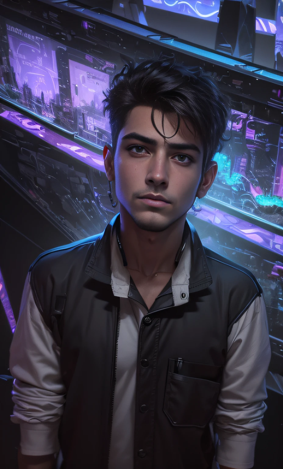 change background cyberpunk handsome boy, realistic face, 8k, ultra realistic.