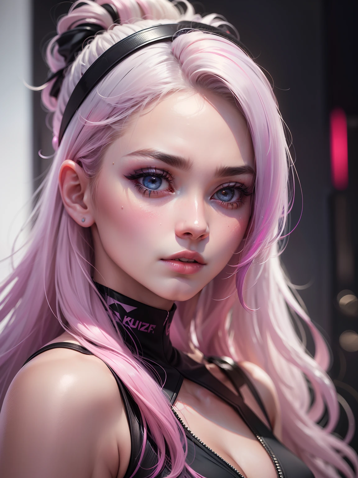 'Close-up doorman pretty girl, Peeling hair, Yellowing of the eyes, Wear modern fighting clothing, Ultra photo realsisim, Pastel colors, Complementary colors, pastelcolor, Vibrant colors, Dramatic colors, vaporwave, retrowave, Black and white, extremely colorful, Atochrome, Highly detailed, 4k'