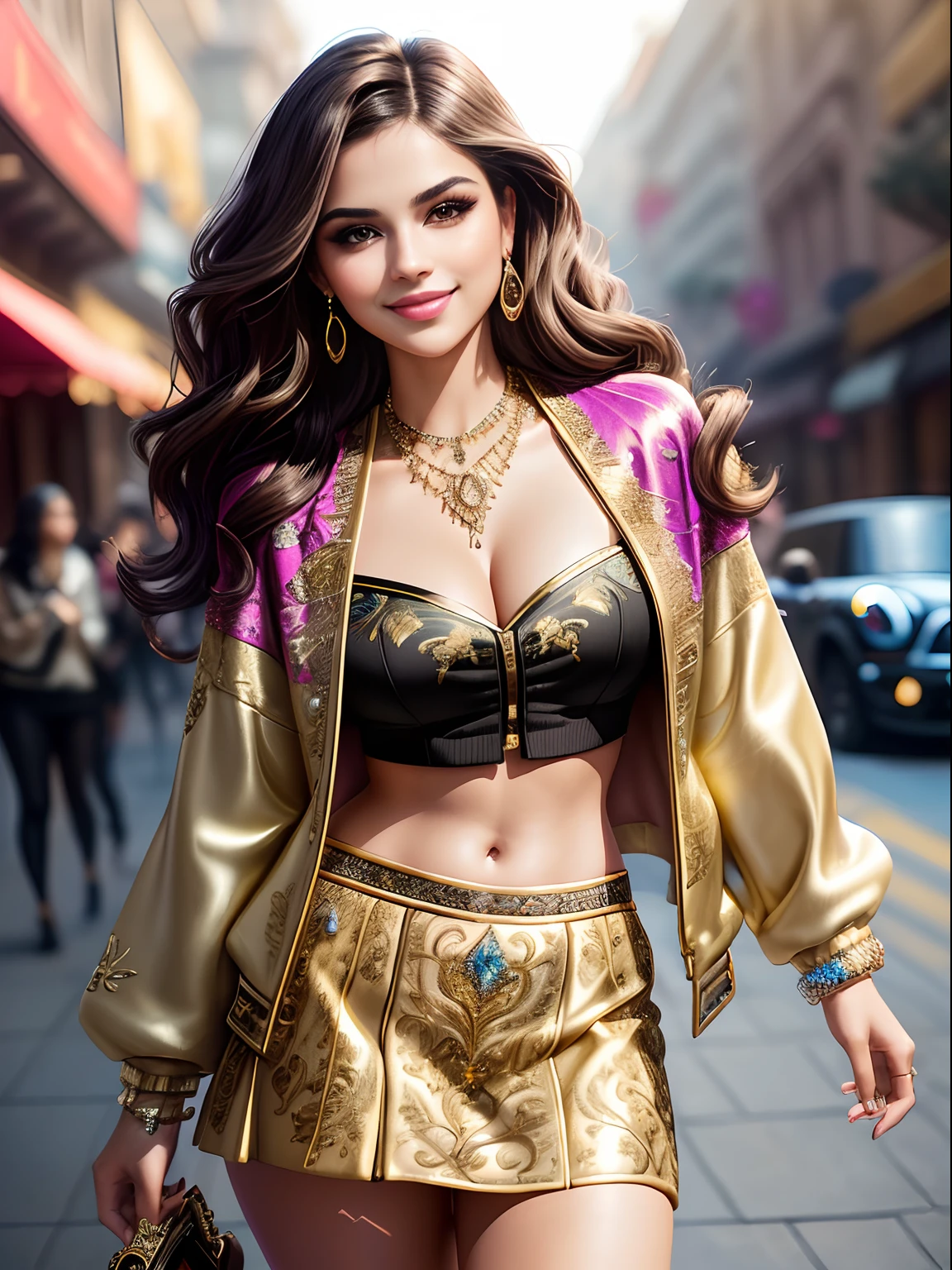 (masterpiece photography of a solo:1.2) alluring sexy tall curvy (26 yr old) (Selena Gomez:Emma Watson:0.8) lady   walking in style on a a street, (wearing Blingy jewel encrusted jacket & embroidered mini skirt:1.3). hip hop energy, maximalism, (heavily tattooed),  (indian makeup & jewelry:1.2) short brown wavy hair with highlights,, vivacious, lustful glance, exhilarated (beautiful detailed eyes:1.1) , (flirty bright smile:1.2), blingy shopping district,(intense dramatic light:1.4), backlit, light rays, highly detailed, trending on artstation, paint splashes, rich colour, dazzling lights all around, (perfect wavy hairstyles), abstract portrait, by Atey Ghailan