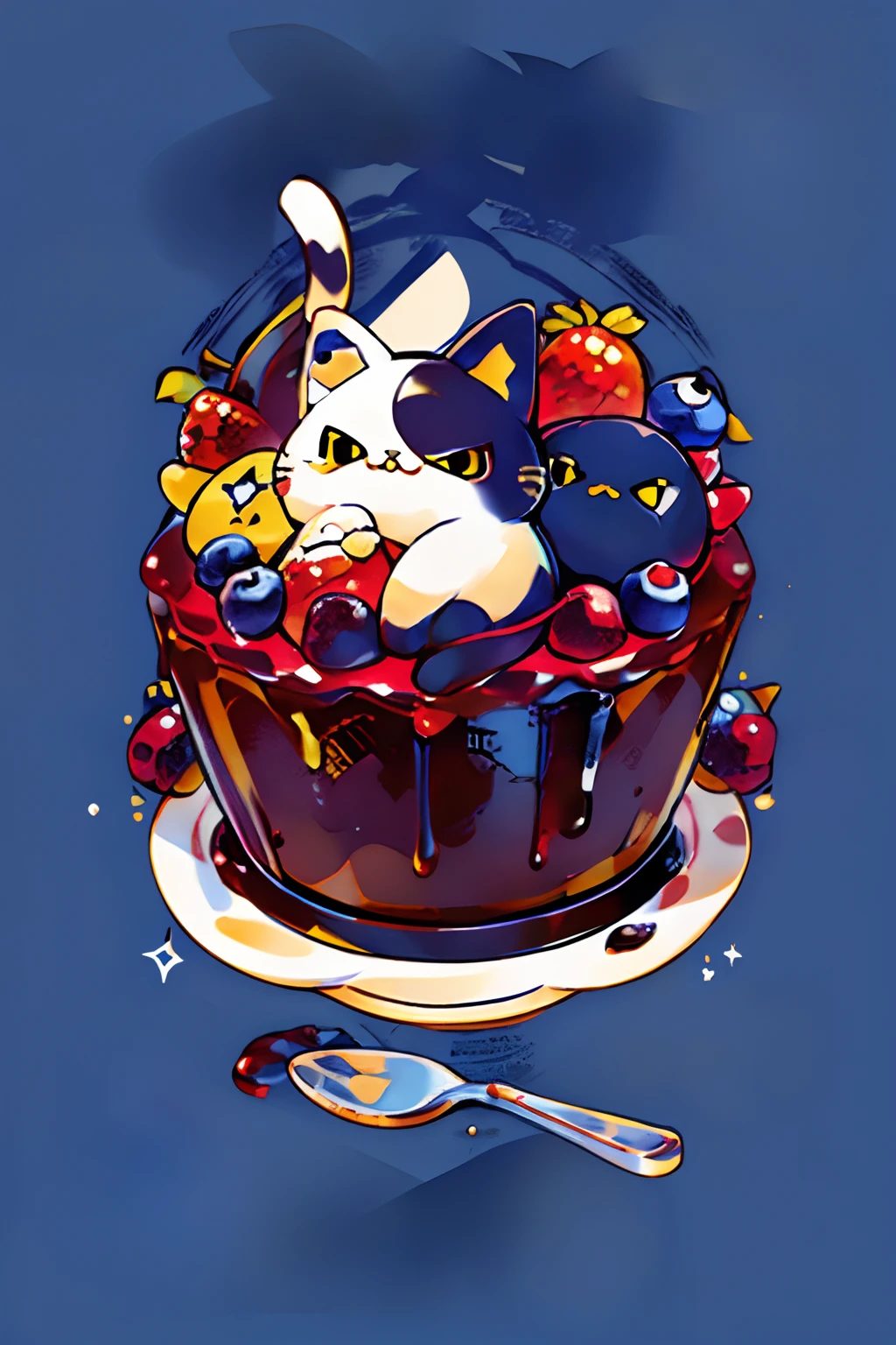 cute00d, Looking at Viewer, Simple background, food, fruit, Cat, Dark blue background, a cake, blueberry, food focus, Cat buried in blueberry cake、yellow  eyes、sweets