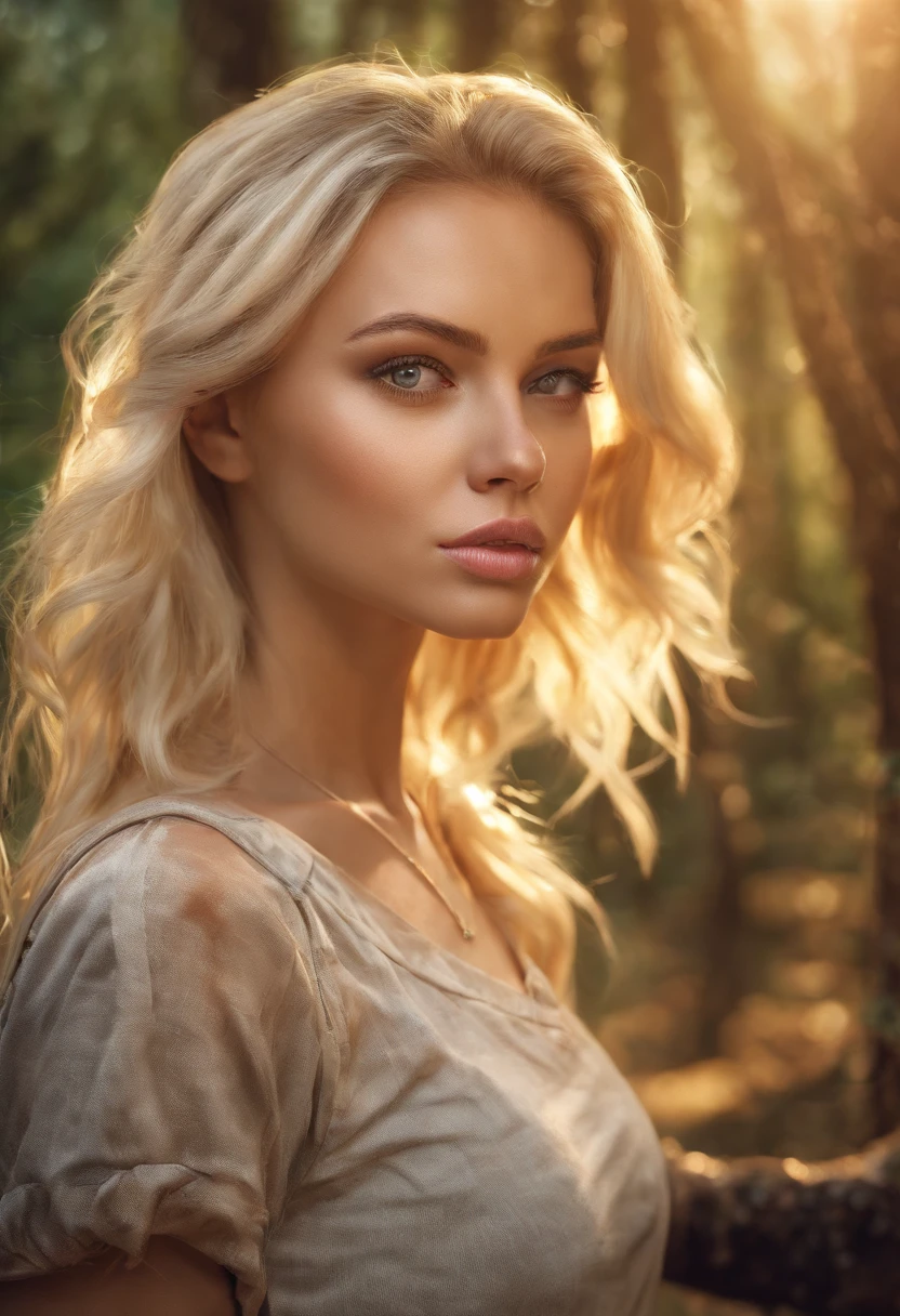 closeup portrait, Sexy SS blonde hair, parted lip, Lips, Casual dress, view the viewer, Forest background, Sunset lights, Realistic