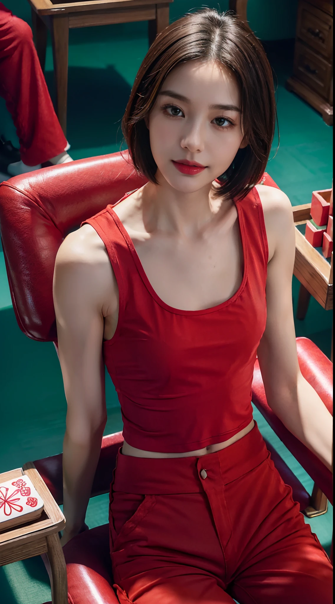 (shoulder-length straight short hair: 1.2),Upper body, （Extremely meticulous CG 8k wallpaper），（Extremely refined and beautiful），（Masterpiece），（best qualtiy:1.0），（Ultra High Resolution:1.0），beautiful light up，Perfect lightning，realistic shaded，[A high resolution]，Smooth and flawless fair skin，Extremely exquisite facial details，ultra - detailed，A  girl，small head，Smile，cheerfulness,Summer，afternoon，Close Shot，at home，In living room,pink background，(Sitting on a chair next to a mahjong table:1.3),（A very detailed mahjong table:1.3）,Playing Mahjong,(enjoying a comfortable and intoxicated expression,small face,(perfect body:1.1）,small breasts，flat chest,slim,thin,Charming collarbone，flowers,sideways,(red top tank:1.5),(red long pants:1.4), black military boots