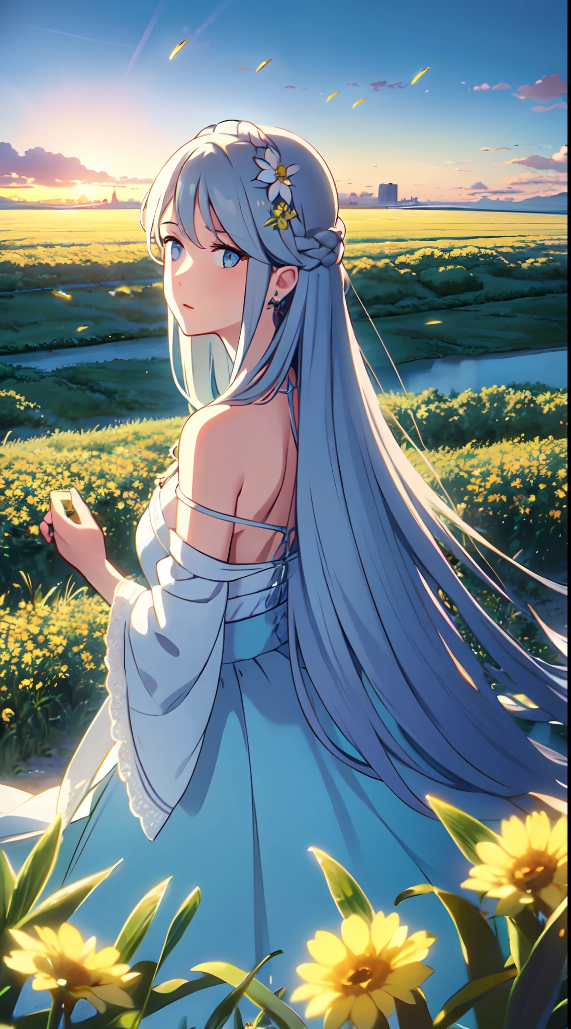 masterpiece, best quality, 1lady, solo, really long hair, white hair, (flowers hair ornament), light blue eyes, looking up at the sky , necklace, earrings, night, Vast sky, beautiful skyline, fireflies, fantasy, off shoulder blue dress, medium bust, night scenery, behind view, back view, touching wheat field, close up, look up