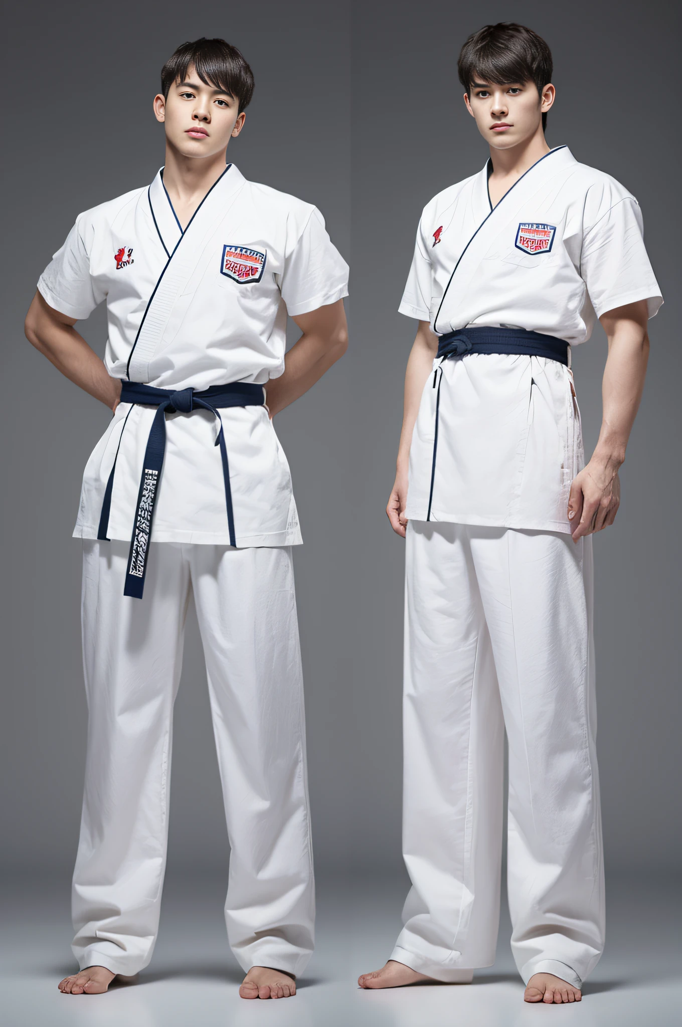 a picture, Photorealsitic, Full body portrait of handsome man 8k, 20yr old, big muscle, Big muscles that you can see even when wearing clothes, Ready for Battle, Move ki, irate, A warrior, disheveled long hair, Long body, (​masterpiece, top-quality, 8K), bare-legged, White Karate Uniform, White Hand Belt, White karate pants, Accurate depiction of details, Perfect skeleton,