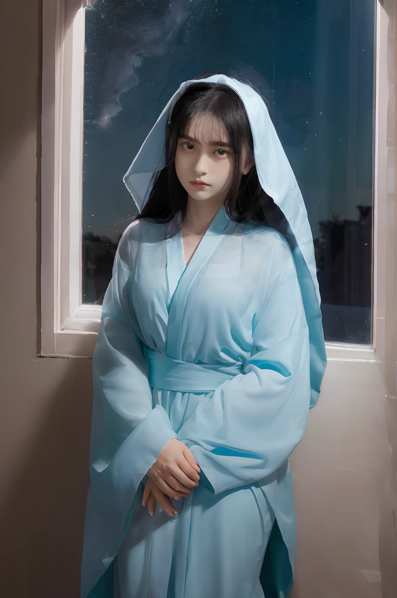 13-year-old mother of Jesus, Black hair and green eyes, Light brown skin, Wearing a light blue robe, And a sky blue veil, Gentle expressions that bring peace (Full body) near a window, Illuminated by the Moon (Magnificent and realistic)