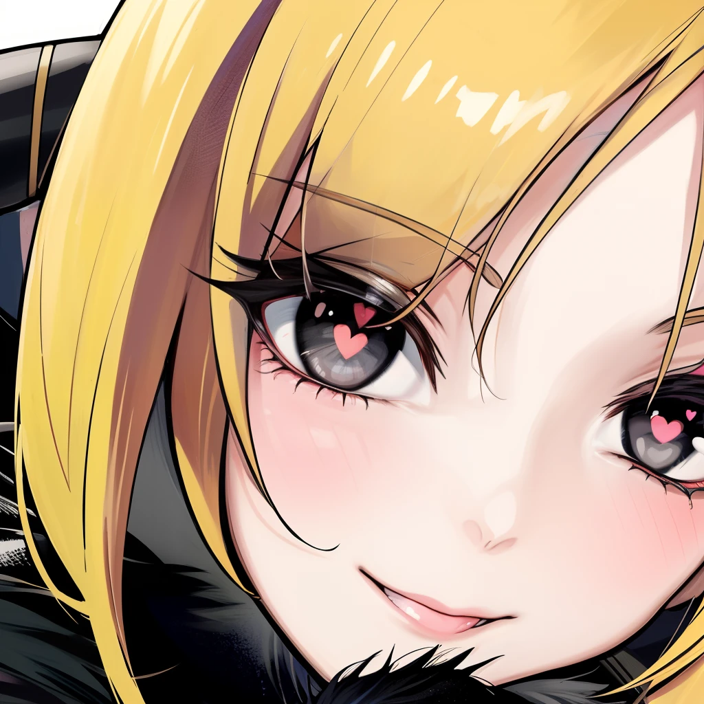 (masterpiece), (best quality)
BREAK cynthia \(pokemon\), fur collar, black coat, fur-trimmed coat, black shirt, black pants, looking at viewer, smile, close up, face close up, heart-shaped_pupils, hand on chin, blonde hair