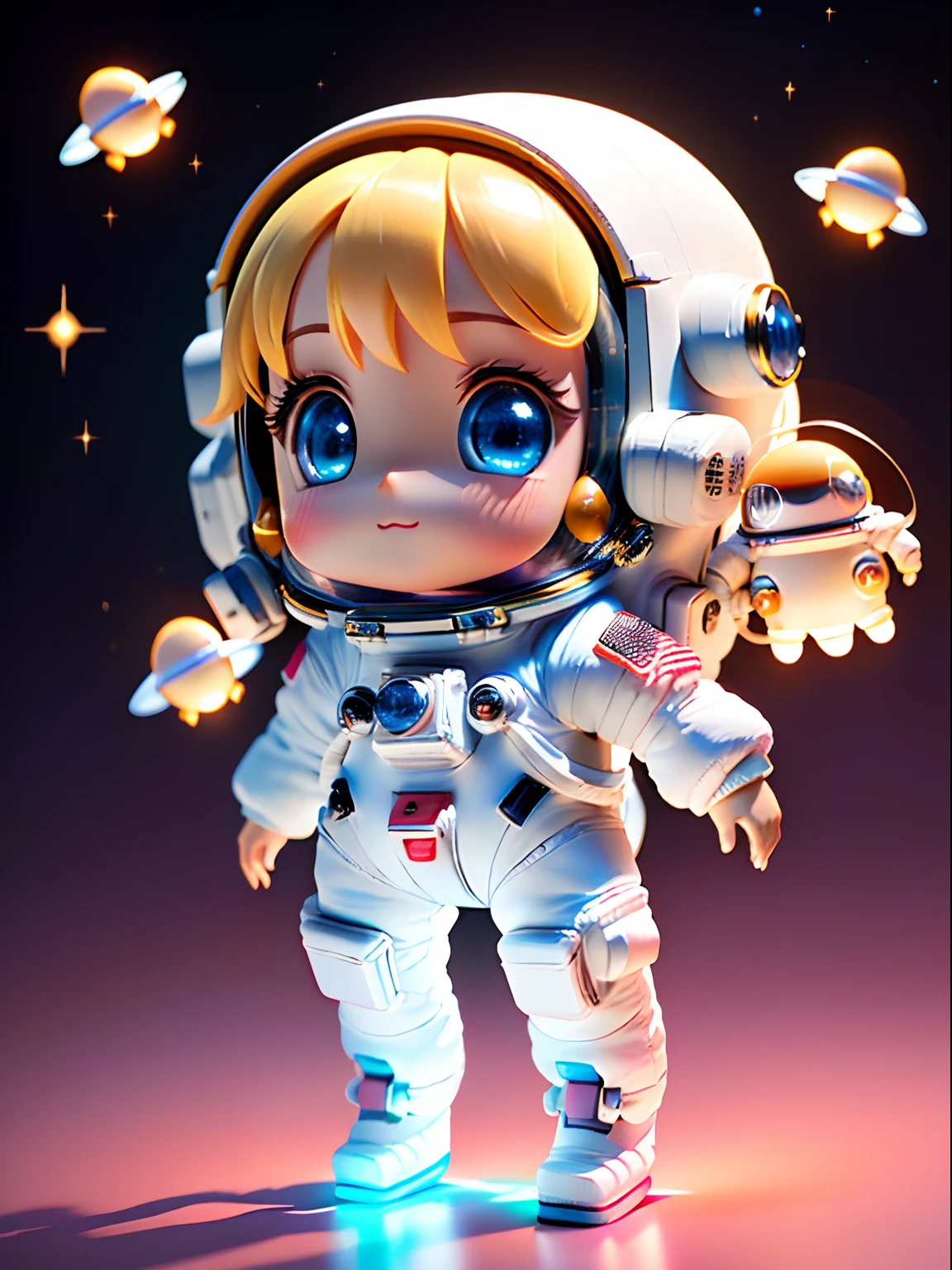 Super bonito menina desenho 3D de corpo inteiro, 1pc, olhos bonitos, olhos grandes, fofo, Feliz, c4d, pop matt caixa cega, Bolhas brilhantes, Brinquedos, solid color backdrop, Chibi, fluorescent translucency, corpo luminoso, kawaii, boneca, (((astronauta, traje espacial branco)))), refer ence sheet, caixa cega pop mart, Pixar, detalhes intrincados, 3D rendering, Liquidificador, Renderizador OC, fol reference body sheet, babar, Detalhes altos, 8k, studio lighting, Loli, pequeno, Child, Chibi, standard definition characters: 1.1, magic space background, voador, Levitando, cabelos pretos, delicate and delicate hands, delicate hands, delicate hands, graceful hands, red flag armbands