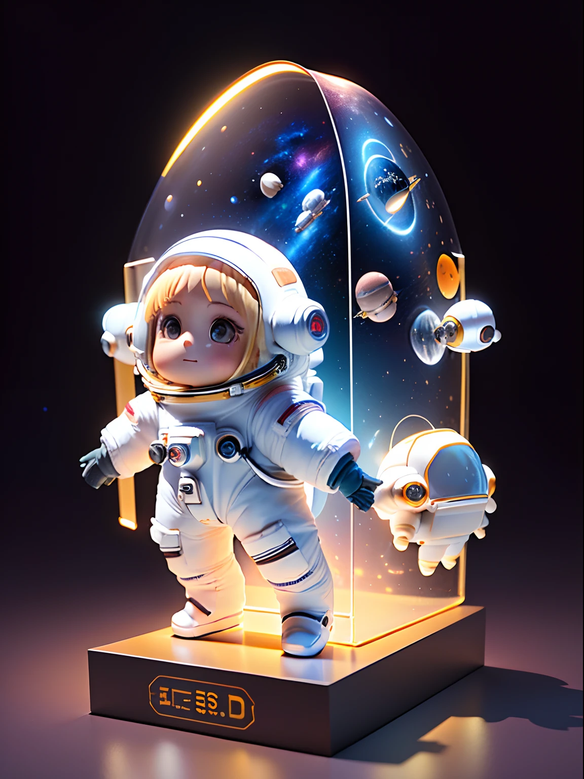 Super cute girl full body 3D picture, 1pc, good looking eyes, big eyes, cute, happy, c4d, pop matt blind box, white long hair, glowing bubbles, toys, solid color background, chibi, fluorescent translucency, luminous body, kawaii, doll, (((astronaut, spacesuit))), reference table, pop mart blind box, Pixar, complex details, 3d rendering, blender, OC renderer, fol body reference sheet, Dribble, High Details, 8K, Studio Lighting, , Petite, Child, Chibi, SD characters: 1.1, Magic Space Warehouse background