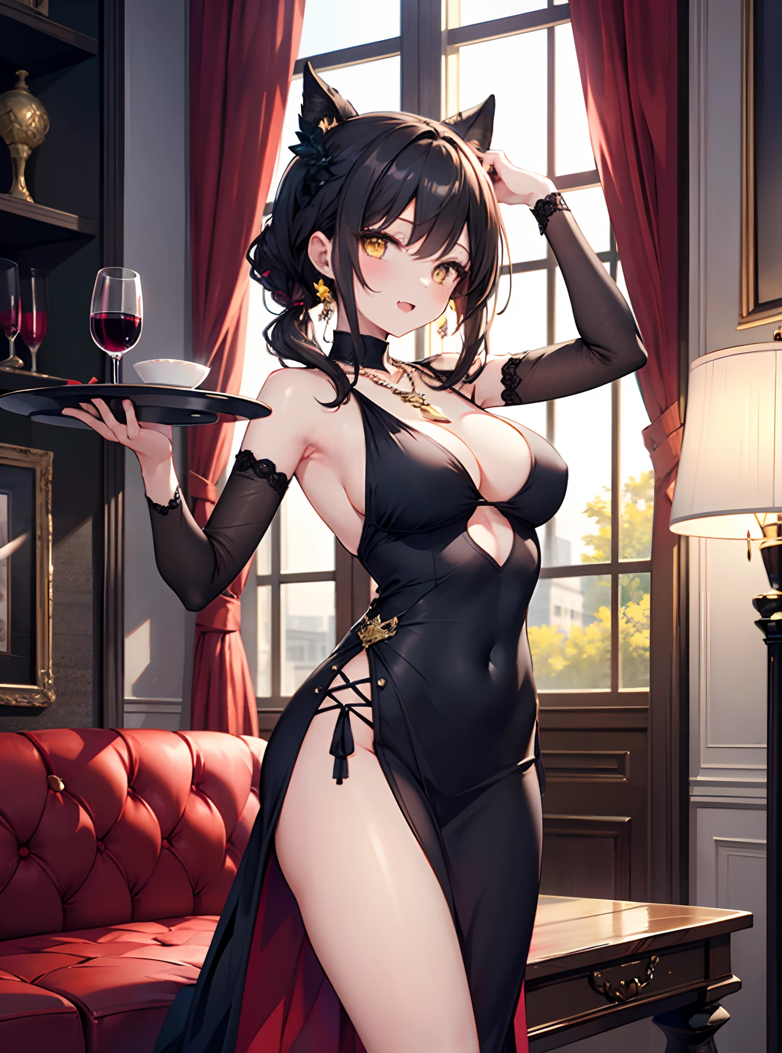 masterpiece, best quality, 1girl, under boob cutout, cutout clothes, fancy dress, indoor, luxury, room, fancy dinner, fancy drinks, red wine, accessories, necklace, window,, , yellow eyes, , fang,, , sexy and cute pose, breasts focus, glitter effects, slingshot dress, from front, closer angle