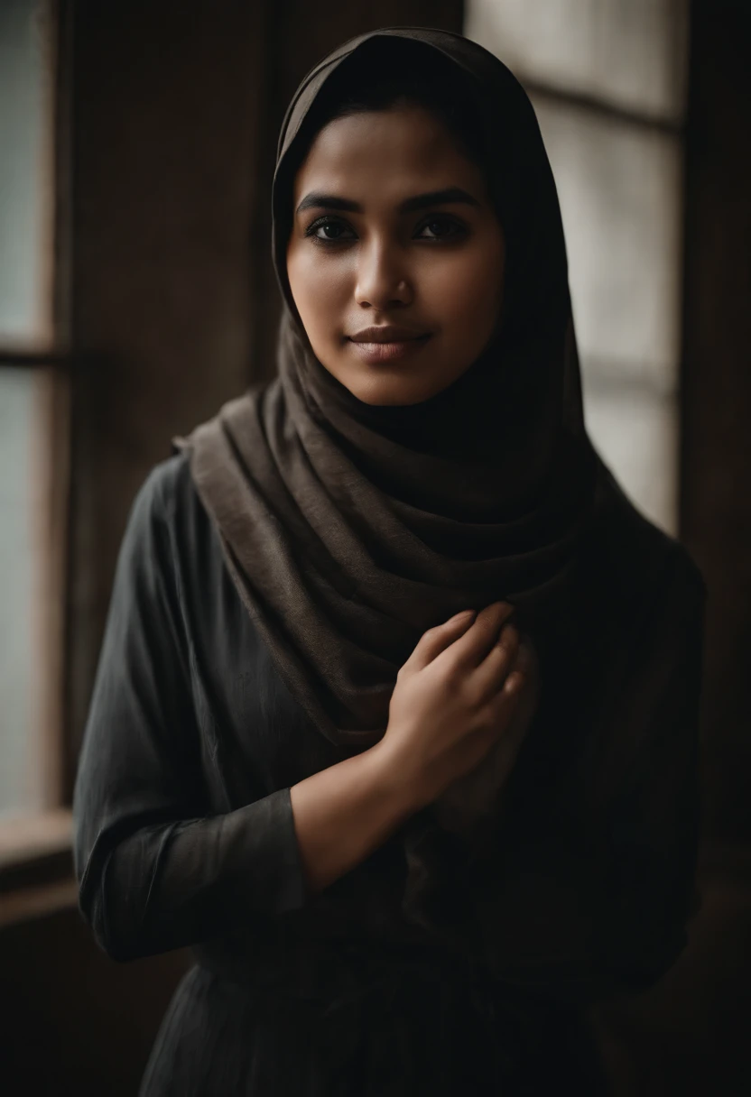 hyperrealistic), (illustration), (high resolution), (8K), (extremely detailed), (best illustration), small tits, naked, nudes, hijab pashmina, black sweater