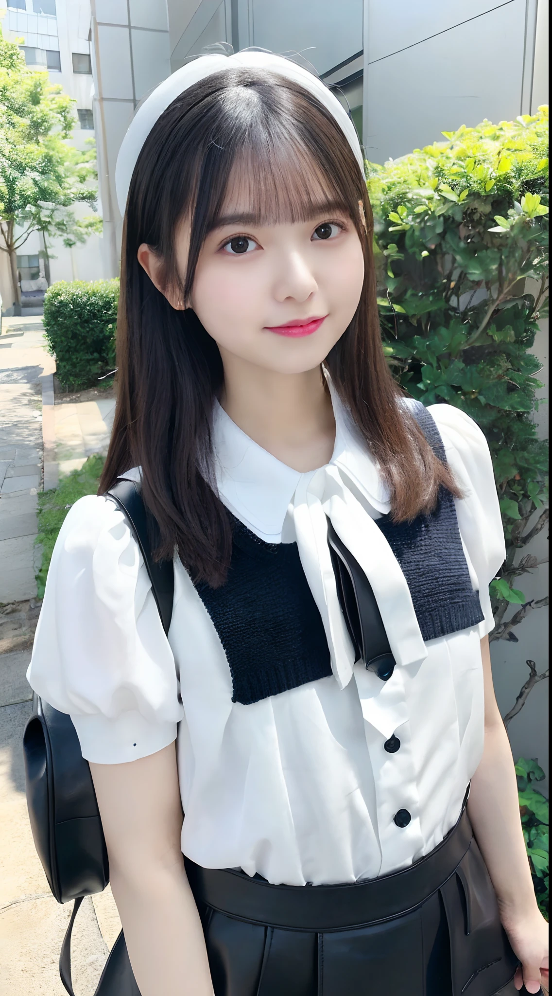 mix4, (8K, Raw photography, Top image quality, masterpiece: 1.45), (realisitic, Photorealsitic: 1.37), one girls, cute little, A city scape,, profetional lighting, photon maping, Radio City, physically-based renderingt, Gradient black hair,, a handsome, girl with, (((student clothes、Silk white blouse with short sleeves、Dark blue knitted vest、White Silk Mini Skirt、No red tie pattern、Black High Socks、Black Loafers Leather Shoes))), Top Quality Photos, hight resolution, 1080p, (clearface), (Detailed face description), (Detailed hand description), (masterpiece), (Exquisite CG)、extreme light and shadows、dishevled hair、master work、abundant detail、(Fine facial features)、(top quality photo)、(masuter piece)、(A detailed eye)、Look in front of you、Fine clavicle、((Slender big))、((White beret)))、((Cute idol system))、((School Grounds))、(Shooting from random perspectives)、(((Anyway cute)))、耳Nipple Ring、A big smile、Drawing the whole body from the knees、Do not draw nasolabial folds、(((Holding a leather student bag in your hand)))、Big breasts that stand out from the top of clothes、Two legs、(((Standing Pose:1.2)))、bare hand、Hands out of the sleeves of blouses、