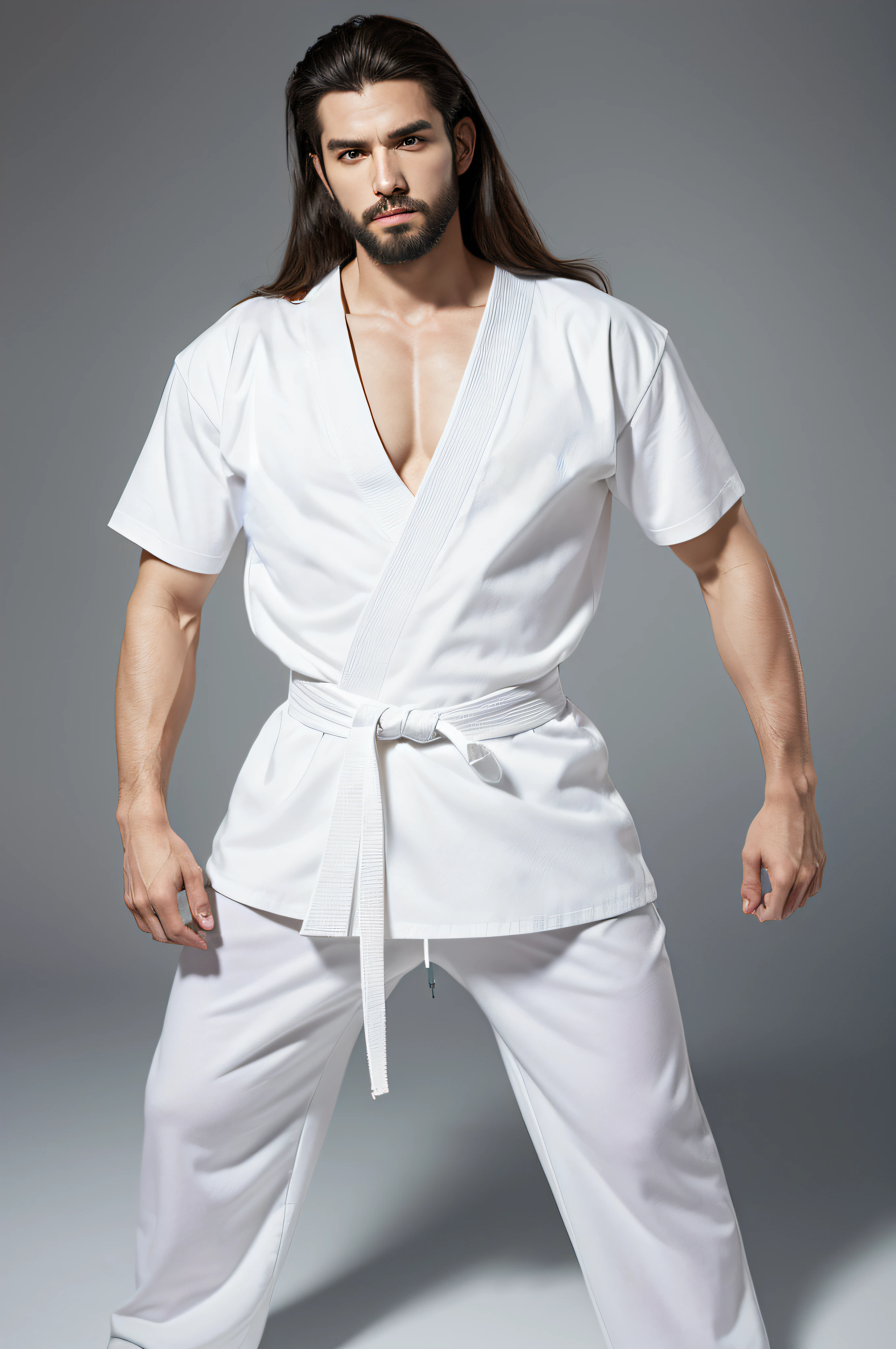 a picture, Photorealsitic, 8K Full Body Portrait of Handsome Man, 20yr old, big muscle, The collar of the chest is exposed., Ready for Battle, badness, irate, A warrior, Disheveled Long Hair, Long body, Detailed muscular physique, (masterpiece, top-quality, 8K), bare-legged, White karate uniform, White karate obi, White karate pants, Accurate depiction of details, Perfect skeleton,
