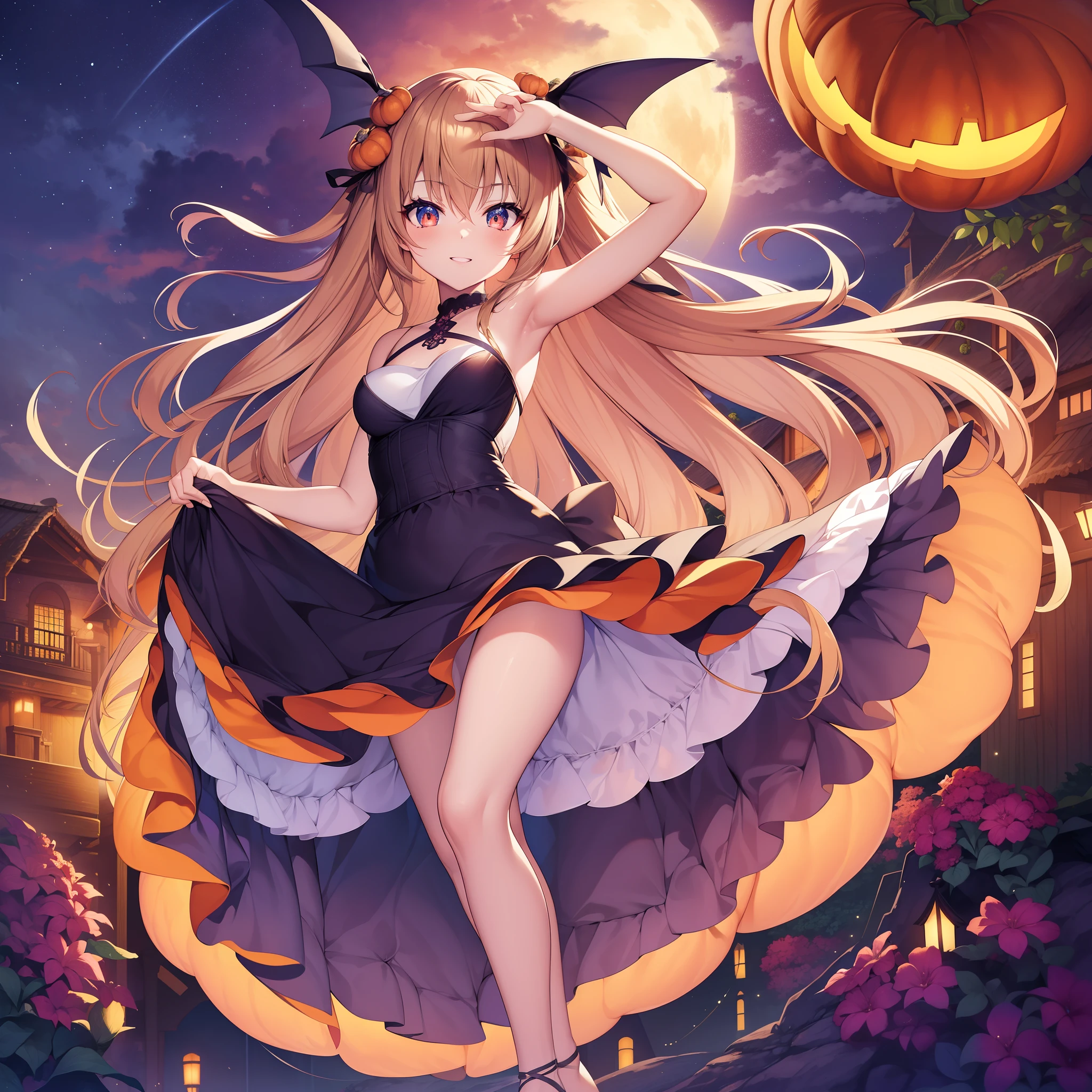 Best Quality, Detailed Digital Anime Art,Illustrations,stunning anime face portrait beautiful detailed eyes,Ultra-detailed,Beautiful detailed glow,8k high quality detailed art,Best Shadow,
1 girl,18 years old,(personification of pumpkin3.0),pumpkin head,jack o lantern,(from below1.5),(super big smile1.5),pale skin,Petite,medium breasts,(vegetable field),barefoot,night