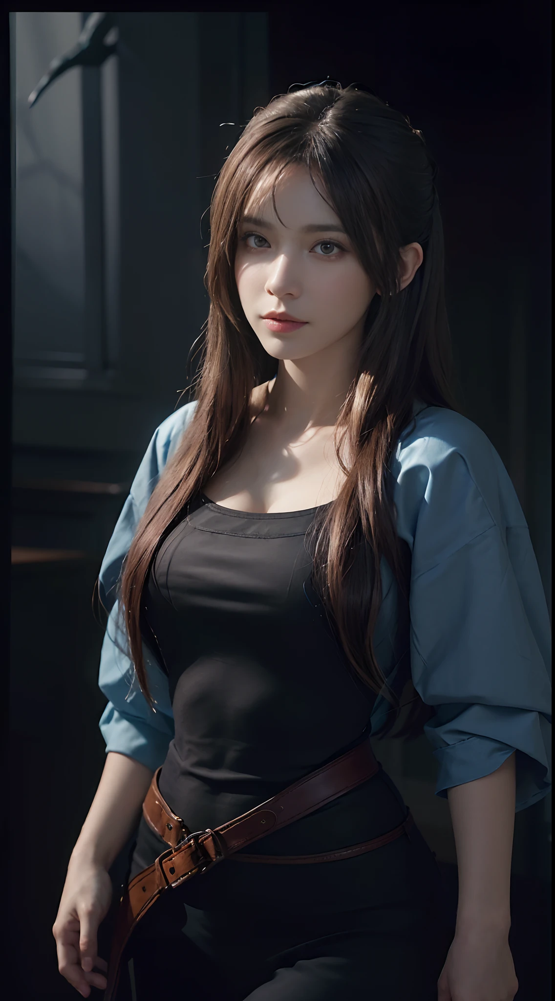 (front focus),(in the dark:1.6), Hyperrealist portrait of female by david hockney and alphonse mucha,fantasy art, photo realistic, dynamic lighting, artstation, poster, volumetric lighting, very detailed faces, 4 k, award winning,, 1girl, in the dark, deep shadow, low key,cowboy shot,(official clothing:1.4) ,long hair,white hair,