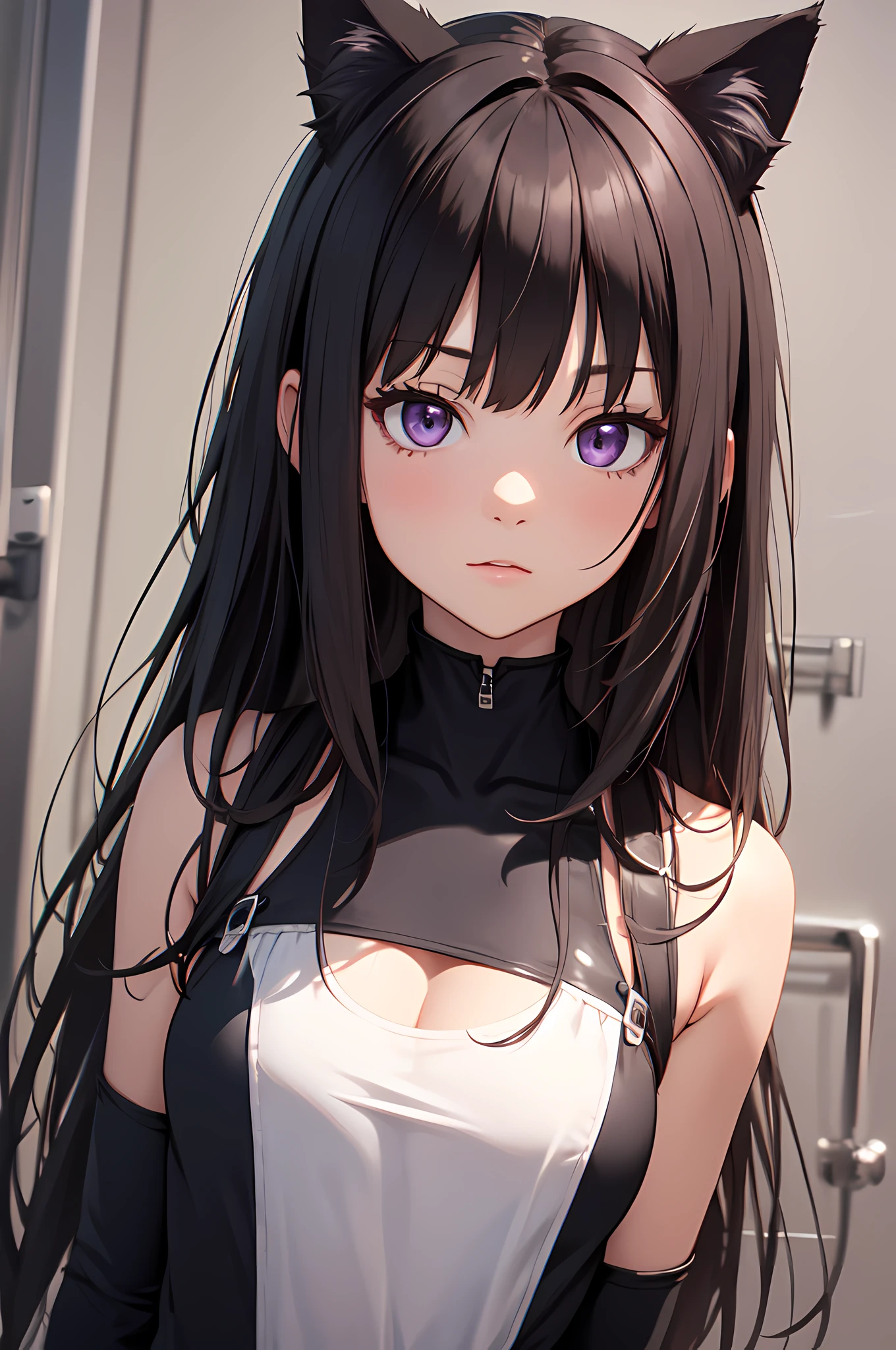 masterpiece, best quality, {best quality}, {{masterpiece}}, {highres}, illustration, 1girl, inoue takina, long hair, bangs, black hair, (purple eyes:1.2), cat ears, cat suit, cute face