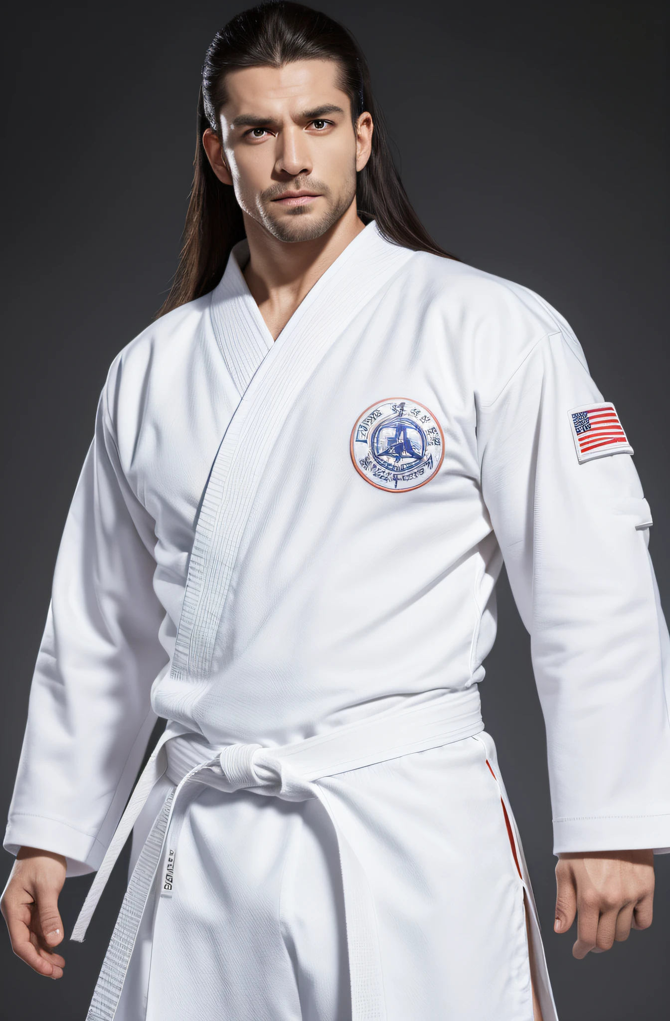 musculature, Full body 8k portrait, stretching arms up, White karate uniform, White karate pants, Longhaire