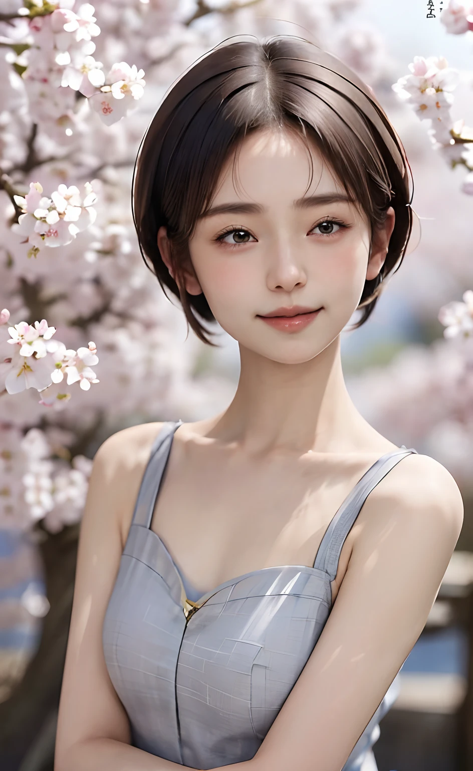 masutepiece:1.2, High quality, Best Quality, High resolution, Detailed, Hyper realistic, girl with, very short gray hair, pixie cut hair, Blue eyes, Head tilt, Sunset, cherry blossom, Portrait, Closed eyes, Smile, (Detailed face), ((Sharp Focus)), ((Face)), The upper part of the body_Body