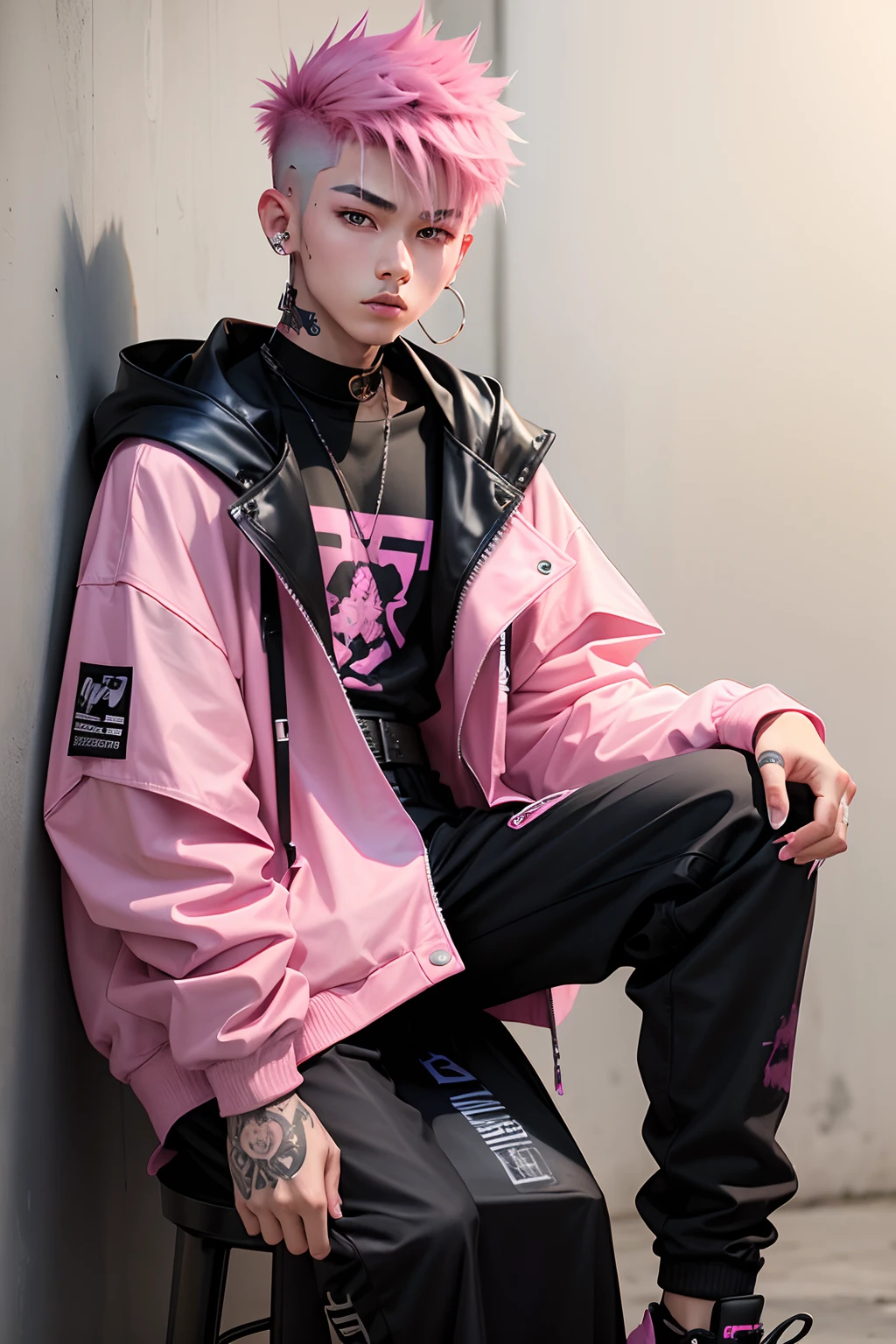 Kpop  boy with fade cut pink hair, cute face, irresistible,sit pose, poser, serious face, full half body show, tattoos, wears cool black mixed pink open jacket with long big sized shirt, long black pants with belt, paint background