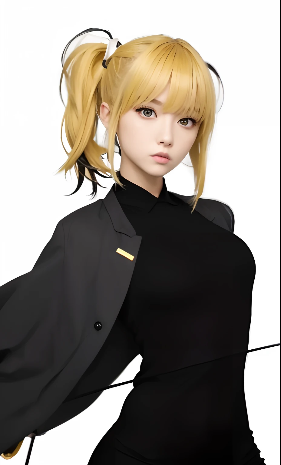 1girl, black shirt, gray coat, yellow hair, brown eyes, black shoes, beautiful, ultra detail, realistis, brown and black arc, sexy girl, 80mn lens