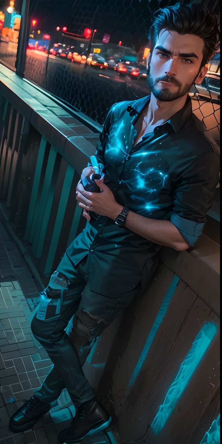 close up portrait of a modern dark-haired man, detailed face, in a plaid dark shirt, on the street of the city, near a blue car, evening, neon, lanterns, dramatic sky, by greg rutkovski