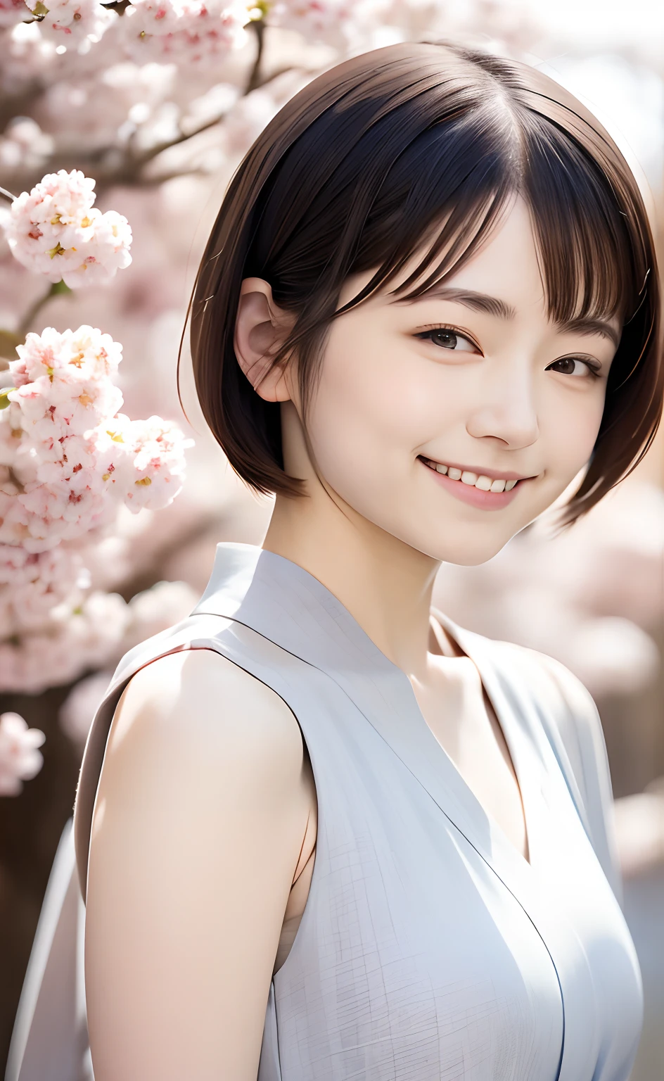 masutepiece:1.2, High quality, Best Quality, High resolution, Detailed, Hyper realistic, girl with, very short gray hair, pixie cut hair, Blue eyes, Head tilt, Sunset, cherry blossom, Portrait, Closed eyes, Smile, (Detailed face), ((Sharp Focus)), ((Face)), The upper part of the body_Body
