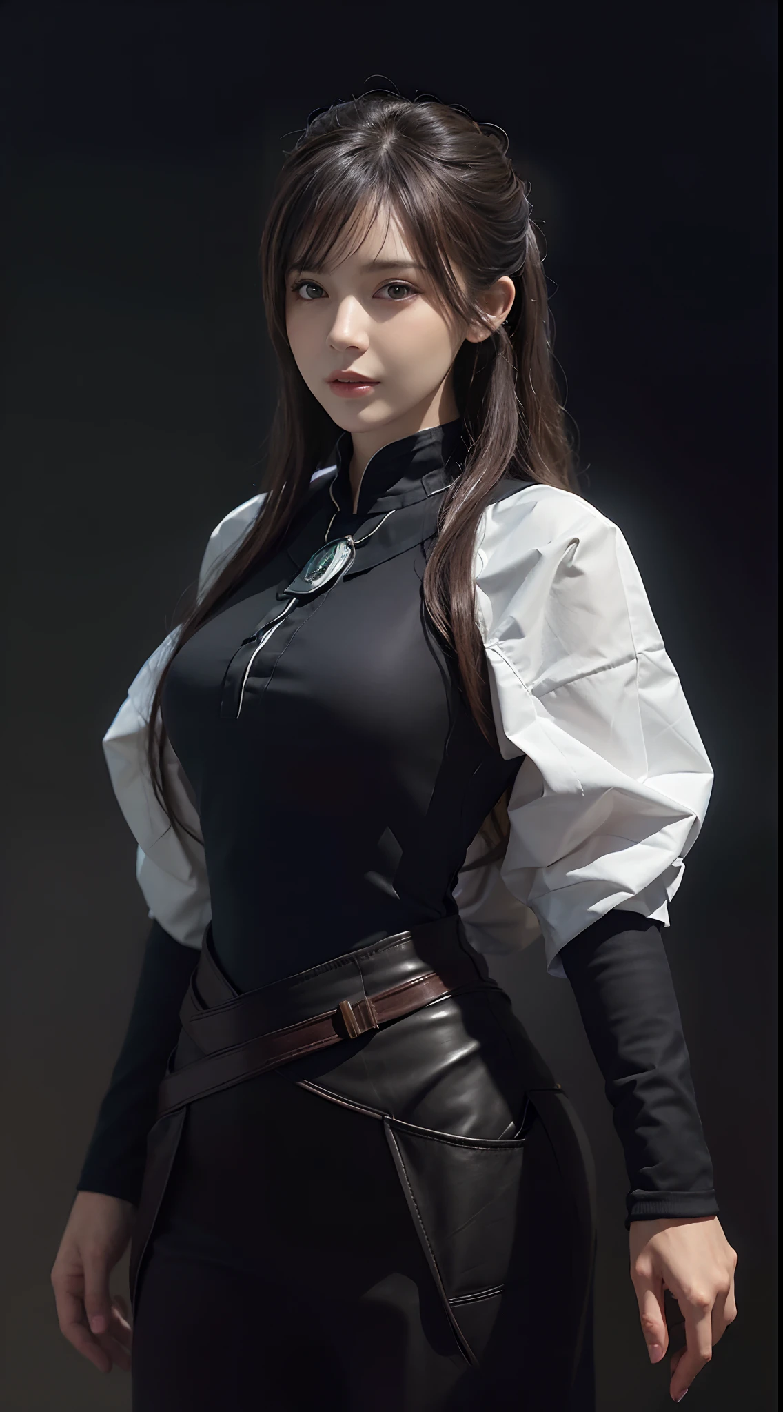 (front focus),(in the dark:1.6), Hyperrealist portrait of female by david hockney and alphonse mucha,fantasy art, photo realistic, dynamic lighting, artstation, poster, volumetric lighting, very detailed faces, 4 k, award winning,, 1girl, in the dark, deep shadow, low key,cowboy shot,(official clothing:1.4) ,long hair,white hair,