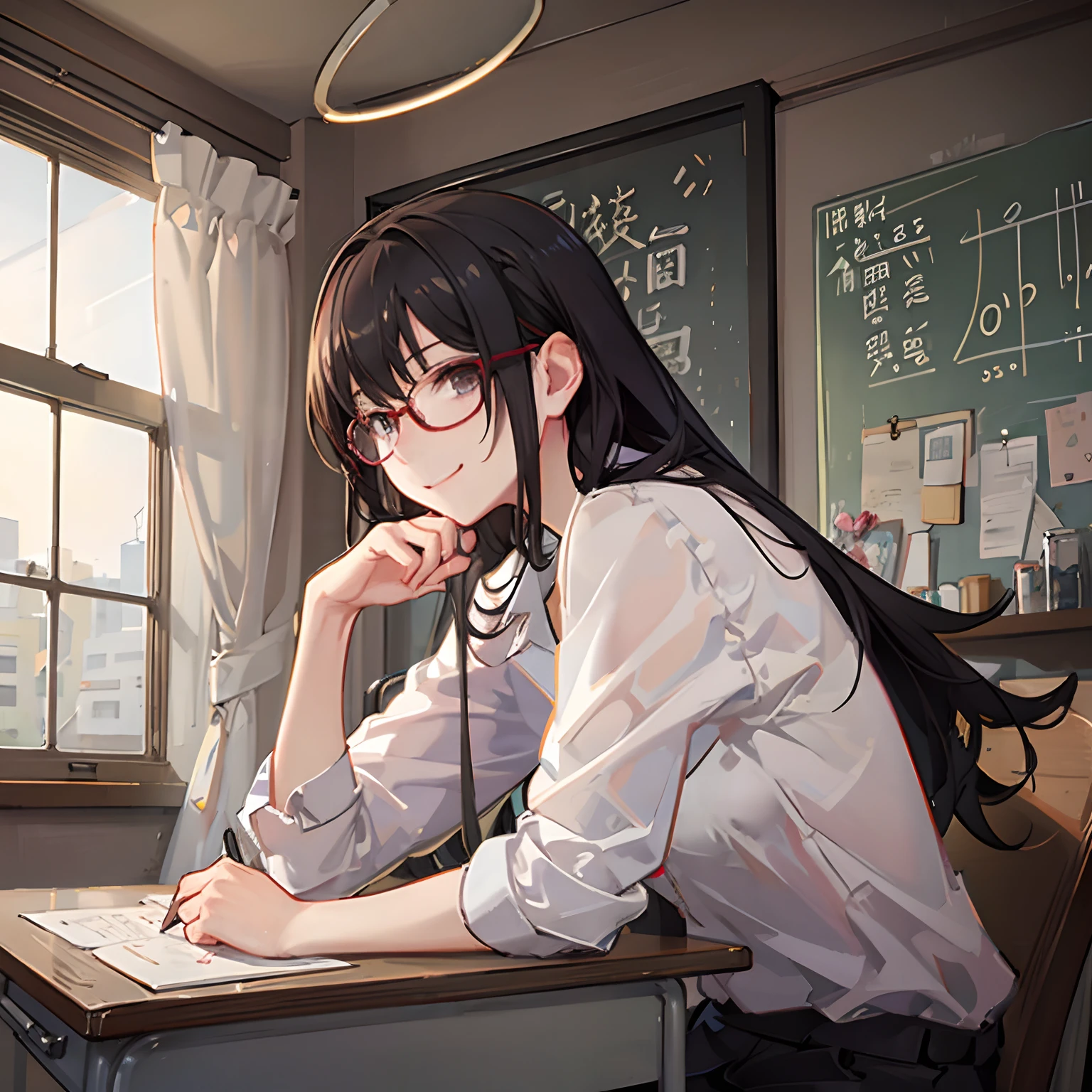 Schoolgirl in glasses、in class room、a smile、Write、masuter piece、Loose and fluffy hair