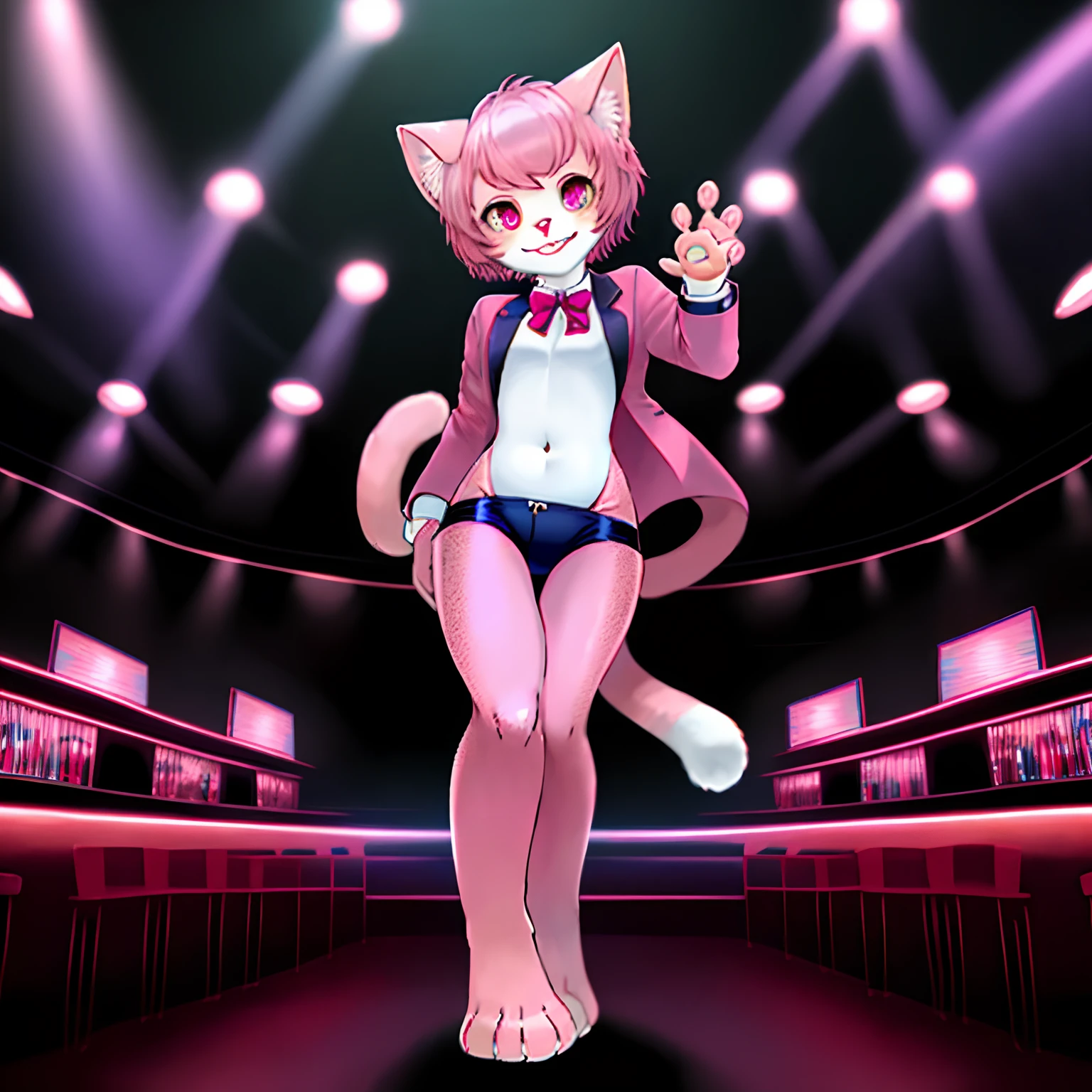 downy furry,Little girl,loli,PINK hair,short hair ,PINK CATt eye, pink downy furry skin,PINK CAT ears, pink furry hand,PINK CAT tail,a strip of furry cat tail,furry CAT legs,furry CAT foot,furry face, furry torso,furry navel,furry lips,furry cat mouth,good anatomy,good artist,good quality,good detail,naked,full body,Nightclub,front desk,receptionist