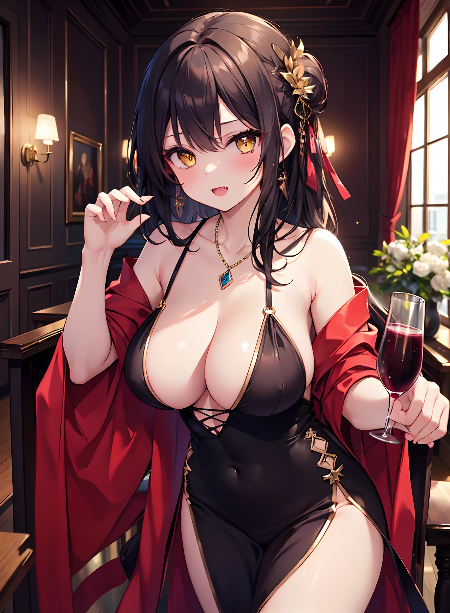 masterpiece, best quality, 1girl, under boob cutout, cutout clothes, fancy dress, indoor, luxury, room, fancy dinner, fancy drinks, red wine, accessories, necklace, window,, , yellow eyes, , fang,, , sexy and cute pose, breasts focus, glitter effects, slingshot dress, from front, closer angle
