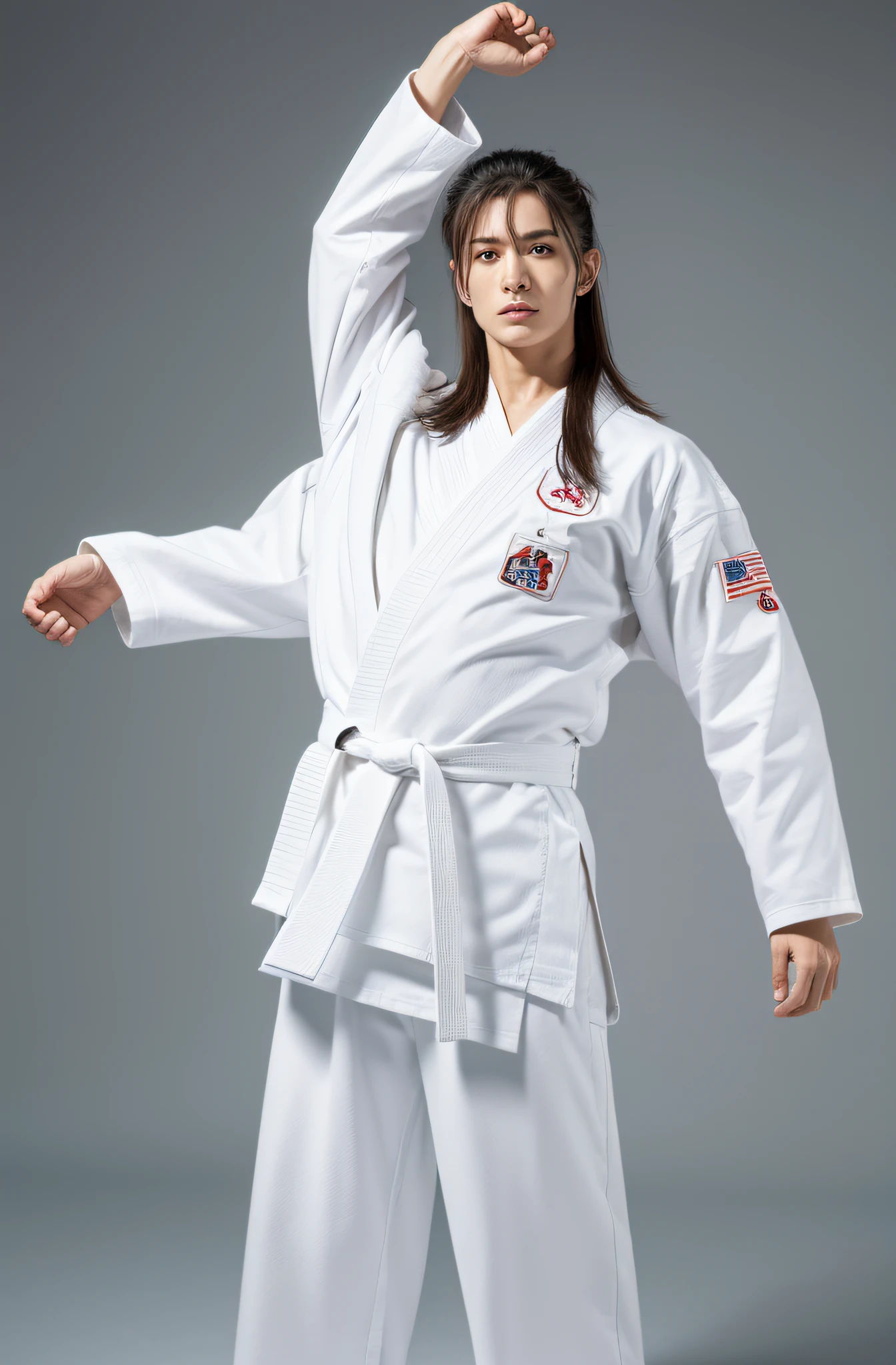 martial artist, black belt, in a karate posing, ultrarealistic