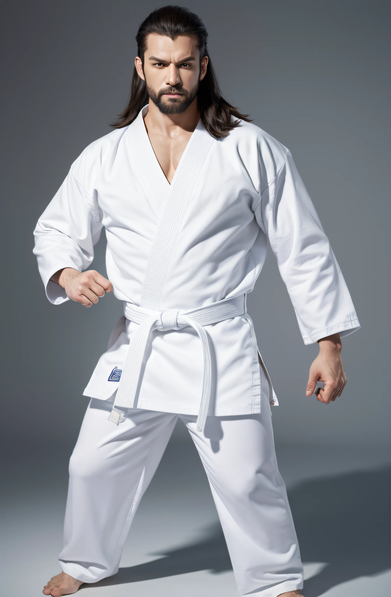 musculature, Full body 8k portrait, stretching arms up, White karate uniform, White karate pants, Longhaire