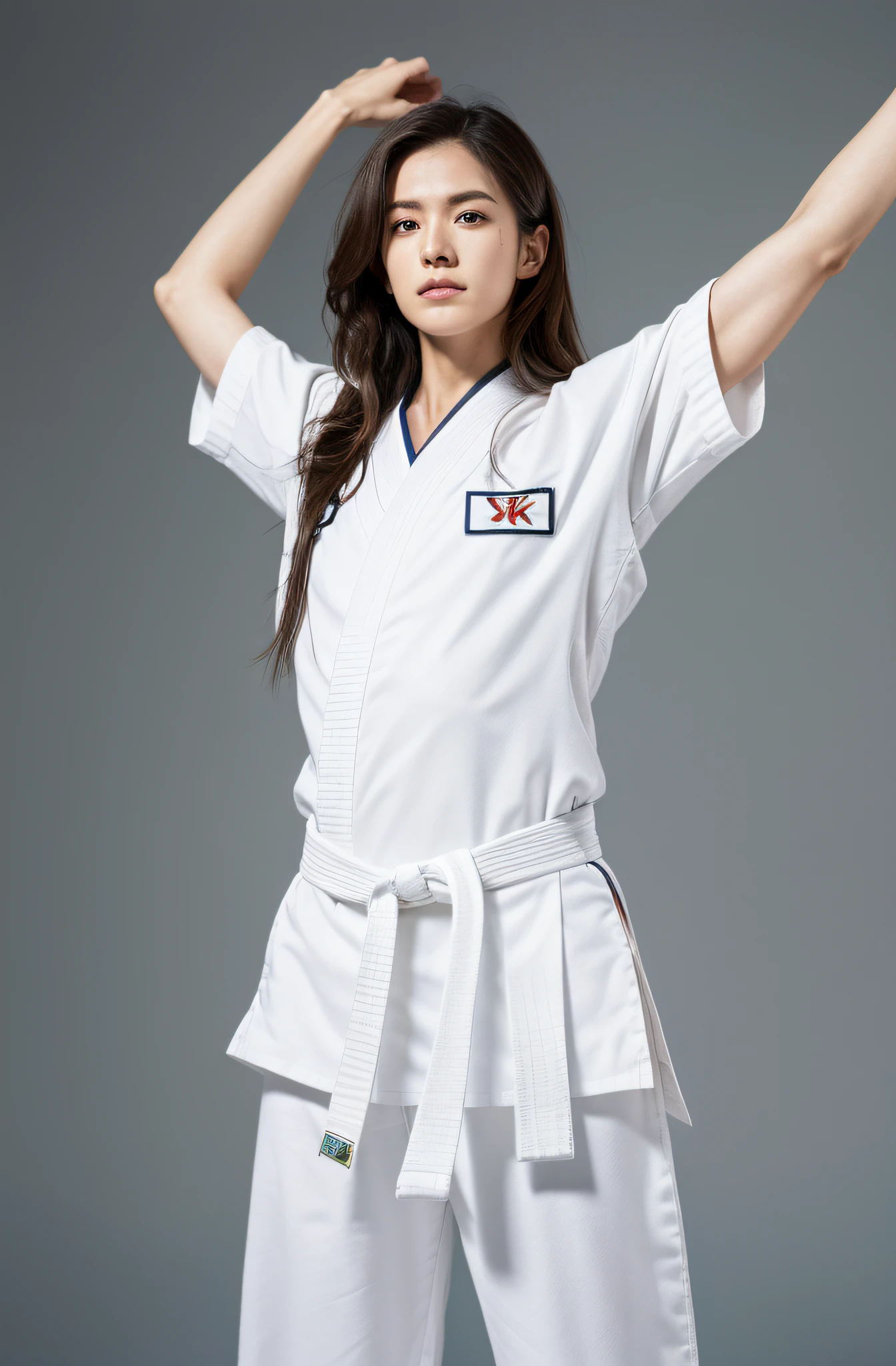 musculature, Full body 8k portrait, long limbs, stretching arms up, White karate uniform, White karate pants, disheveled long hair
