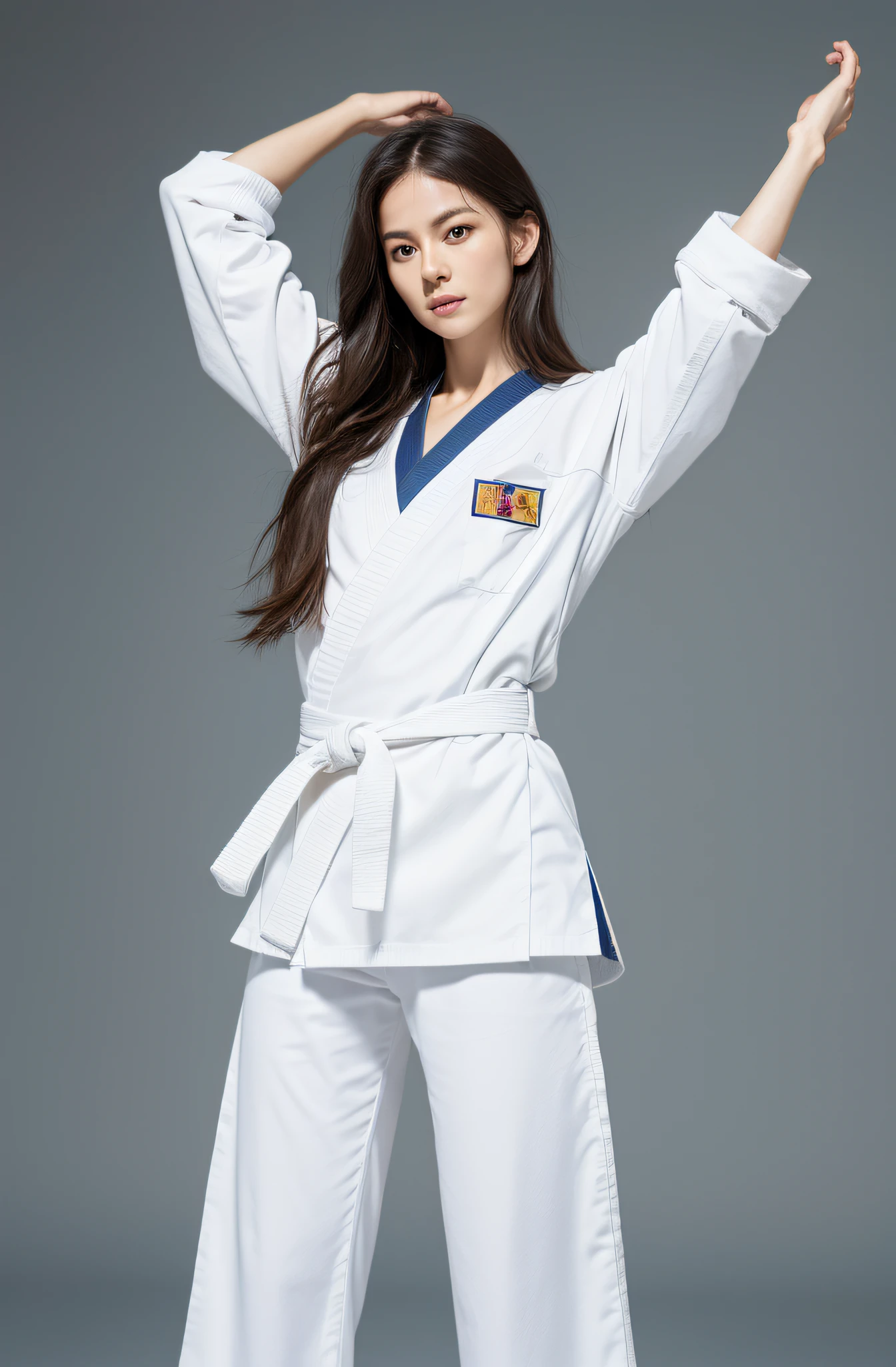 musculature, Full body 8k portrait, long limbs, stretching arms up, White karate uniform, White karate pants, disheveled long hair