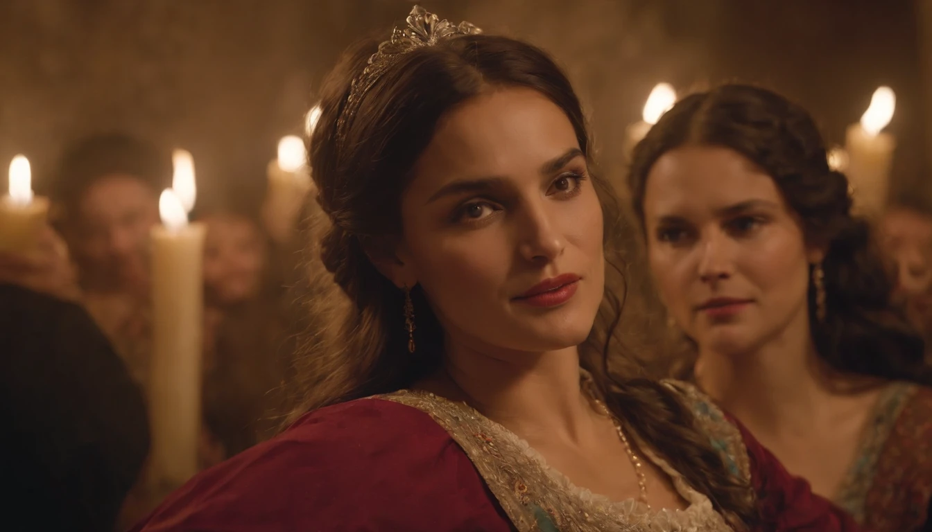 medieval Hungary, night, gypsy woman dances with swirling colourful skirts for a crowd of nobles who feast at tables, candles, night, cinematic
