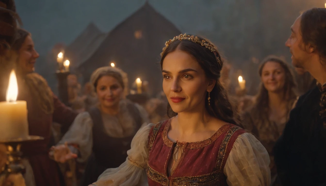medieval Hungary, night, gypsy woman dances with swirling colourful skirts for a crowd of nobles who feast at tables, candles, night, cinematic