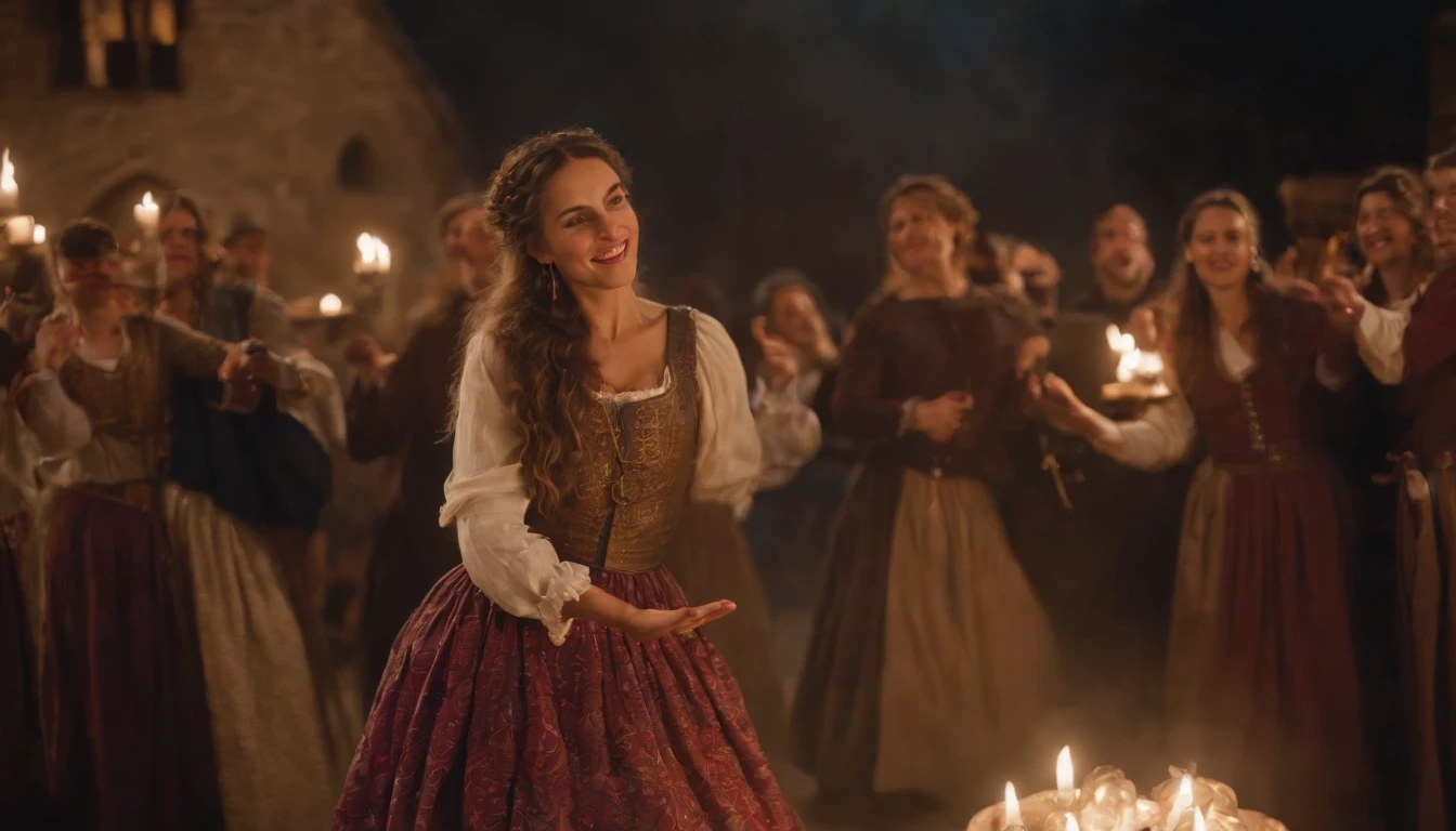 medieval Hungary, night, gypsy woman dances with swirling colourful skirts for a crowd of nobles who feast at tables, candles, night, cinematic
