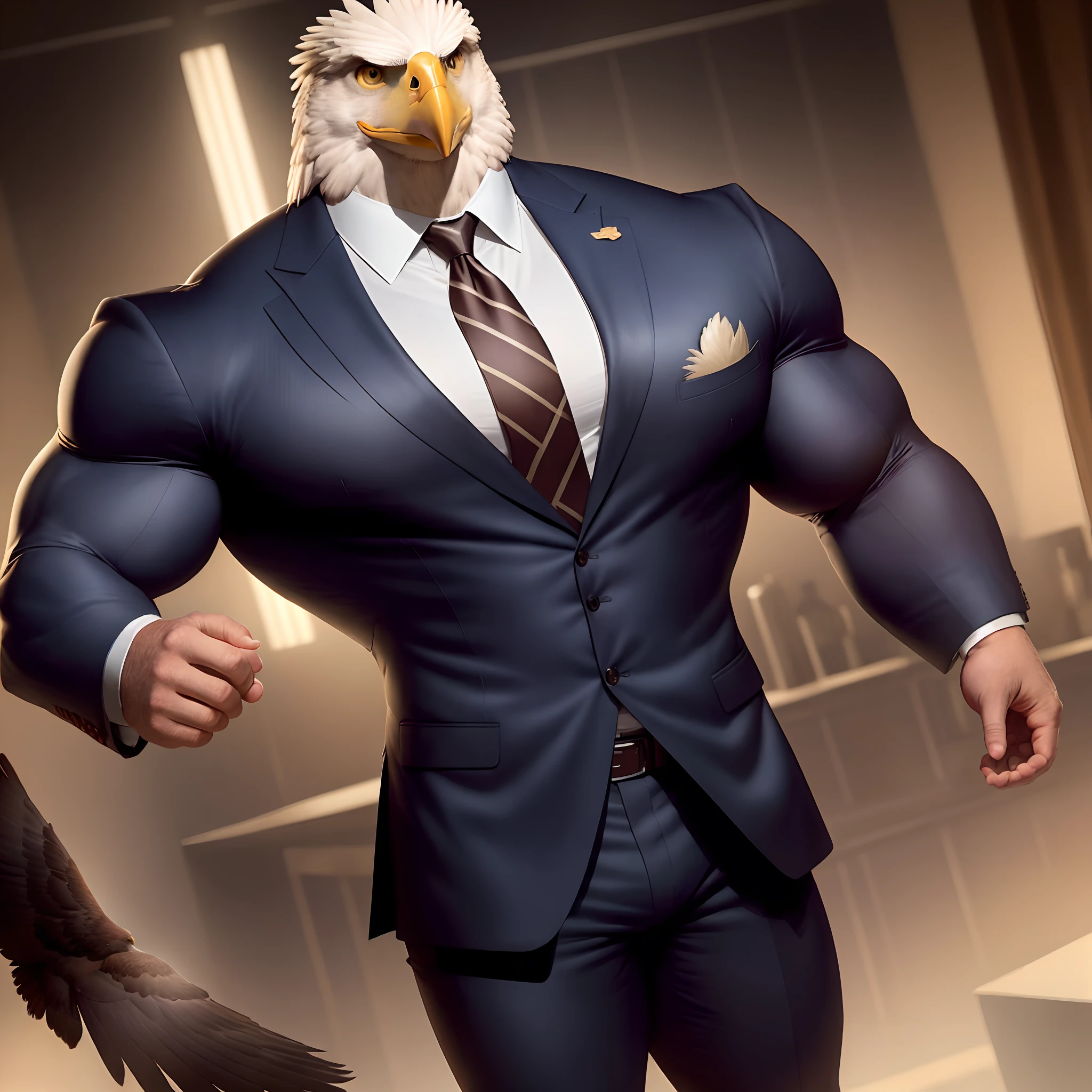 Anthro eagle muscled in suit like bodyguard wirh huge torso , huge arms , huge pecs