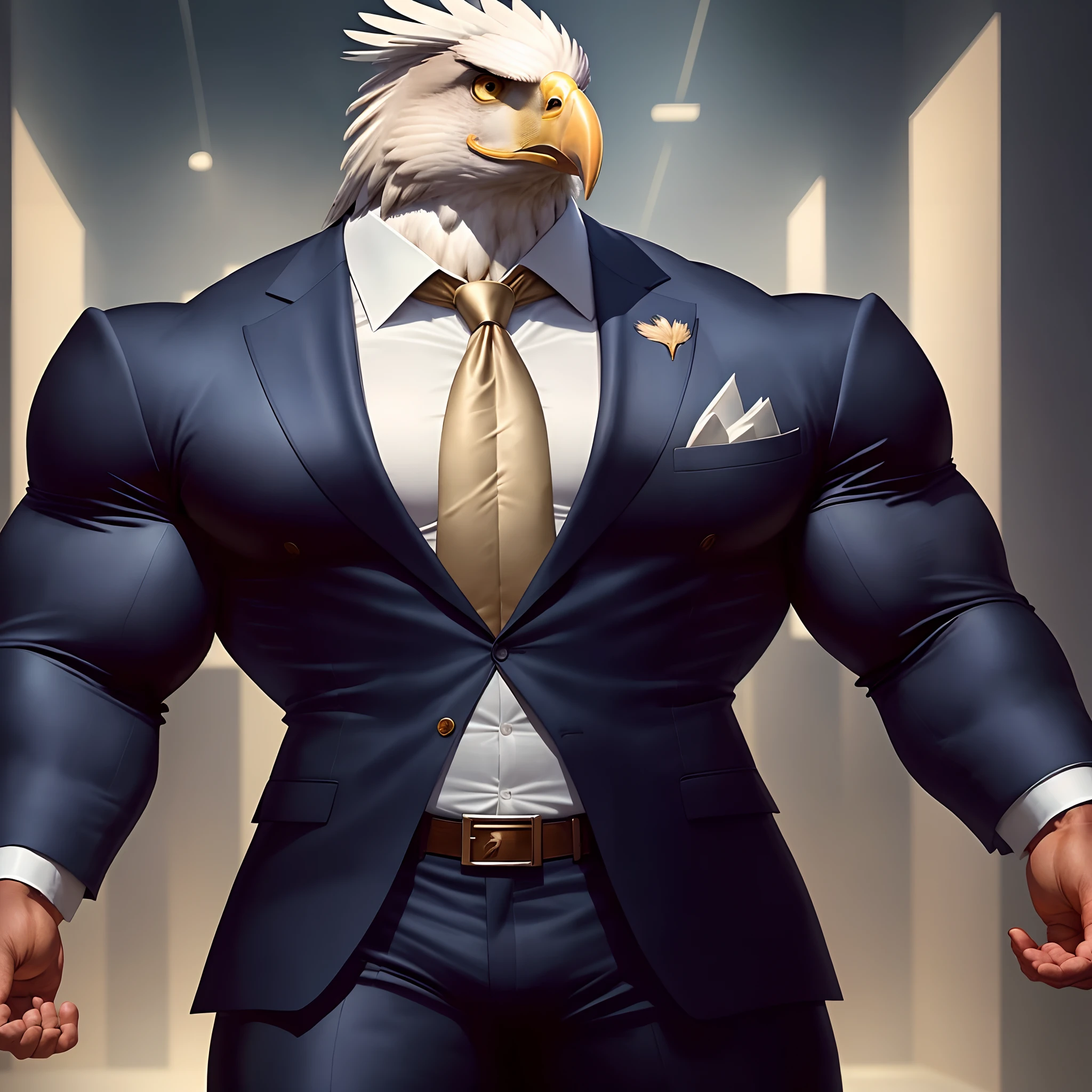 Anthro eagle muscled  in suit like bodyguard wirh huge torso , huge arms , huge pecs