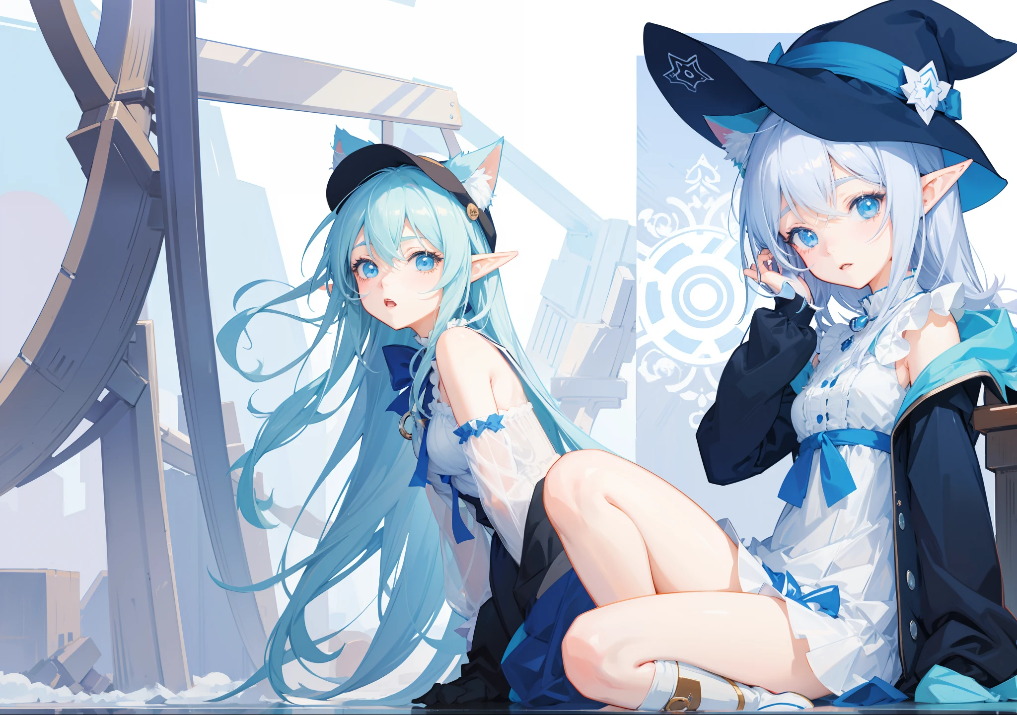 Anime girl sitting on the ground wearing hat and boots, Elf Girl, Cute anime girl, Digital art on Pisif , Digital anime illustration, Digital anime art!!, Pisif, Soft anime illustration, Pisif Contest Champion, Anime style portrait, Cute anime style, loli in dress, zerochan art, pretty anime girl, Blue Elf, anime girl with cat ears