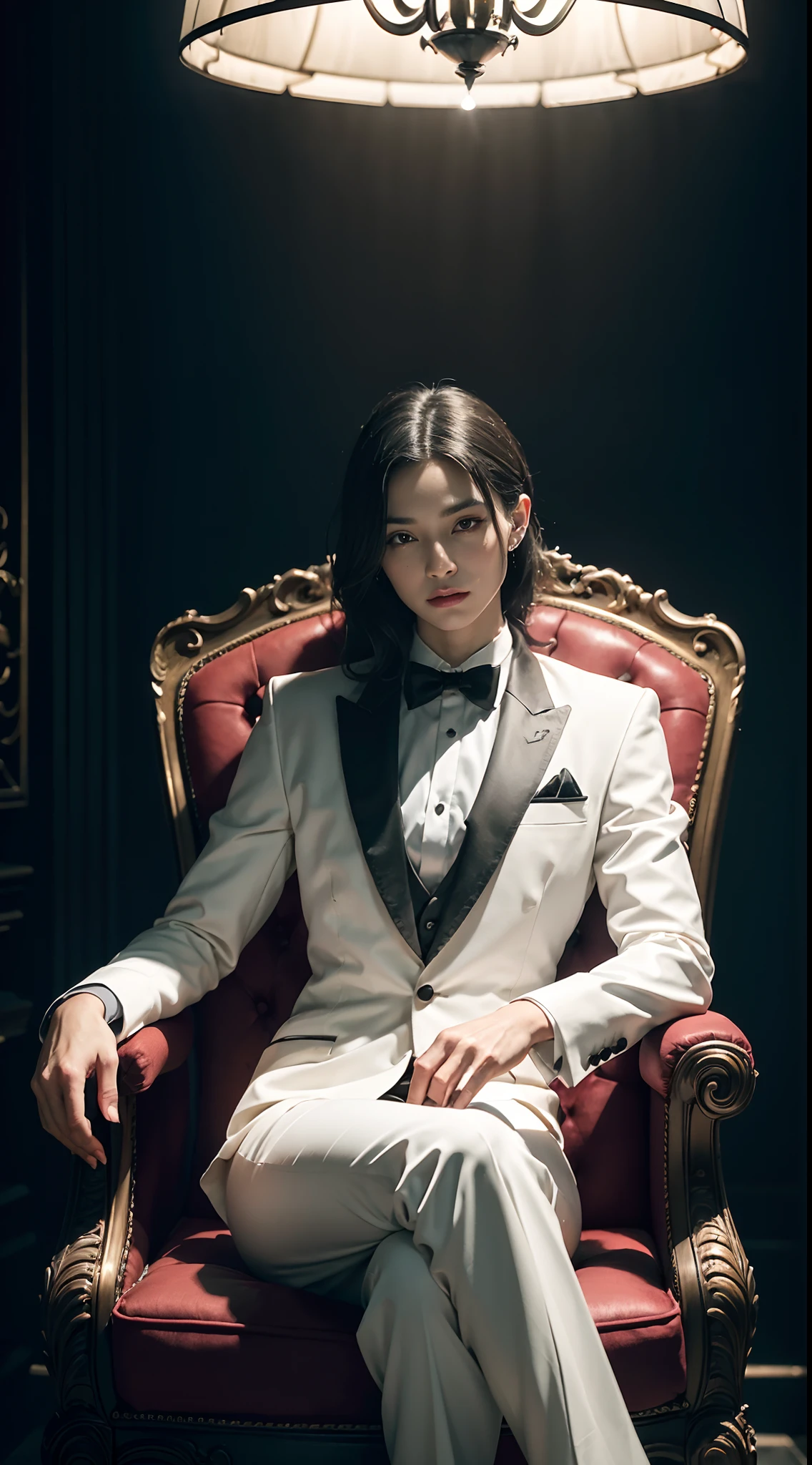 "(exquisitely detailed CG unity 8k wallpaper, masterpiece-quality with stunning realism), (best illumination, best shadow), (best quality), (elegant and demonic style:1.2), sitting elegantly upon an intricately carved chair, wearing a (sleek white tuxedo:1.2), (piercing black eyes+short black hair:0.8), surrounded by an ominous and dark atmosphere, accentuated by dramatic and striking lighting, imbued with a sense of surreal fantasy".