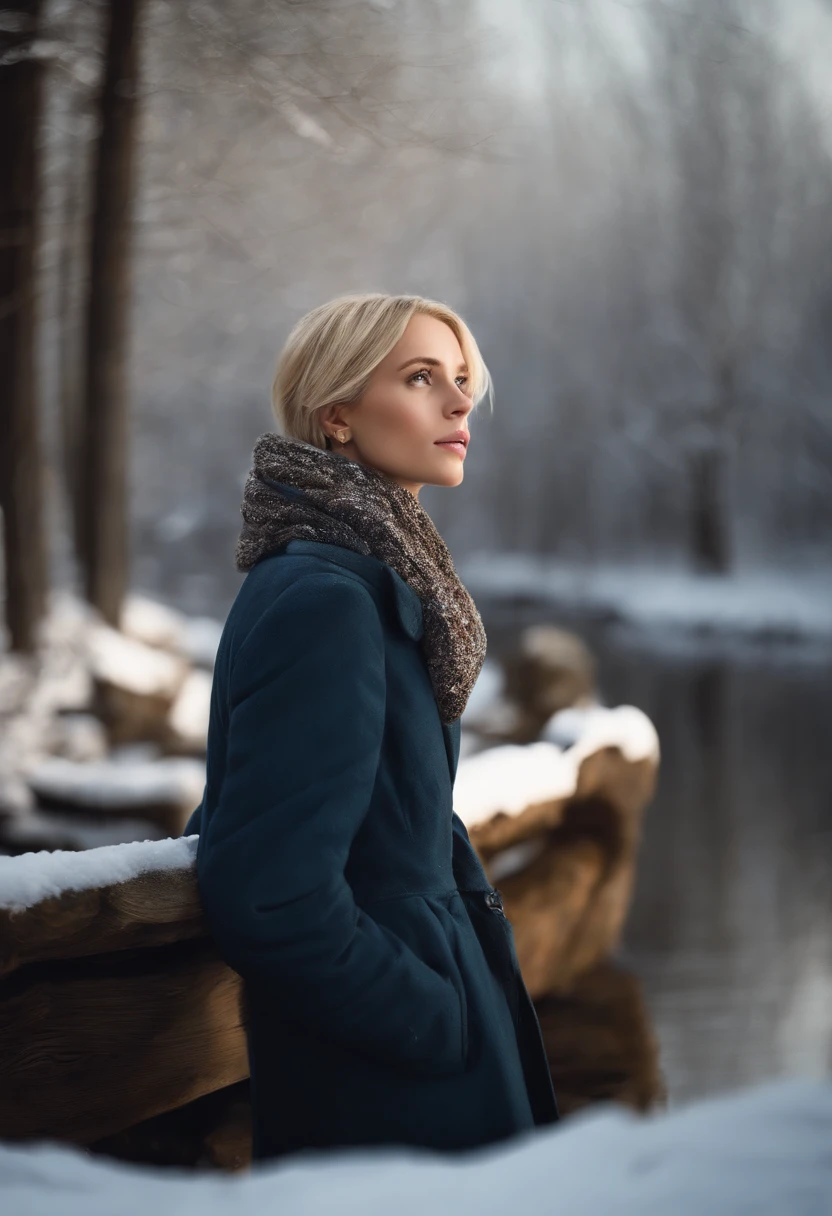 (oil painting, masterpiece, best quality, ultra detailed, focus on character), short blonde hair, ([back:0.8]|[ face facing backwards:1.1]), serious face, ([cold scenario:1.2]|[ snowy background:1.3]| [high contrast:1.1])