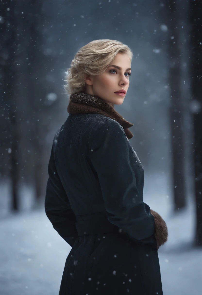 (oil painting, masterpiece, best quality, ultra detailed, focus on character), short blonde hair, ([back:0.8]|[ face facing backwards:1.1]), serious face, ([cold scenario:1.2]|[ snowy background:1.3]| [high contrast:1.1])