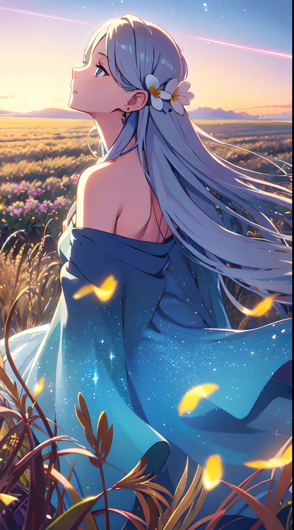 masterpiece, best quality, 1lady, solo, (really long hair), white hair, (flowers hair ornament), light blue eyes, (looking up at the sky), necklace, earrings, night, Vast sky, beautiful skyline, fireflies, fantasy, off shoulder blue dress, medium bust, night scenery, behind view, back view, touching wheat field, close up, look up
