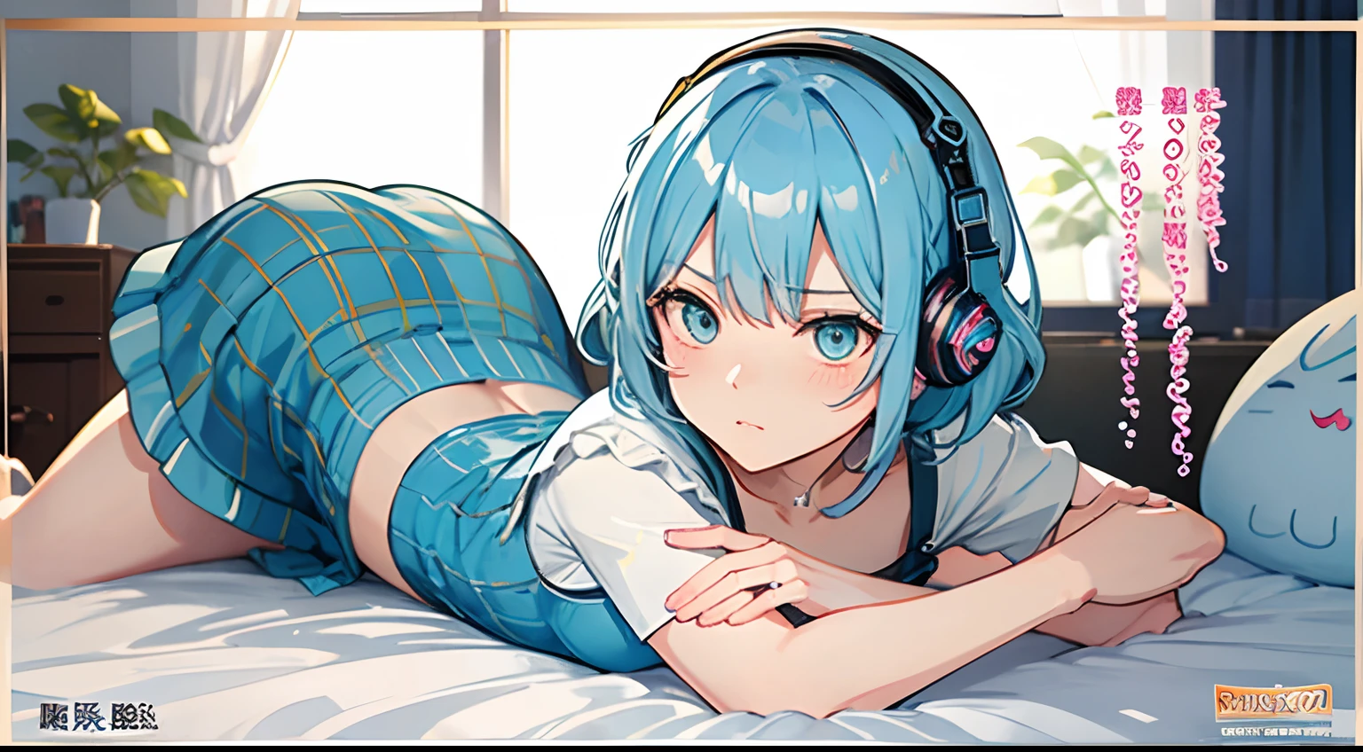 Mermaid Girl　lightblue hair　Tsundere　short-cut　headphones　Angry look　a bed　Prone